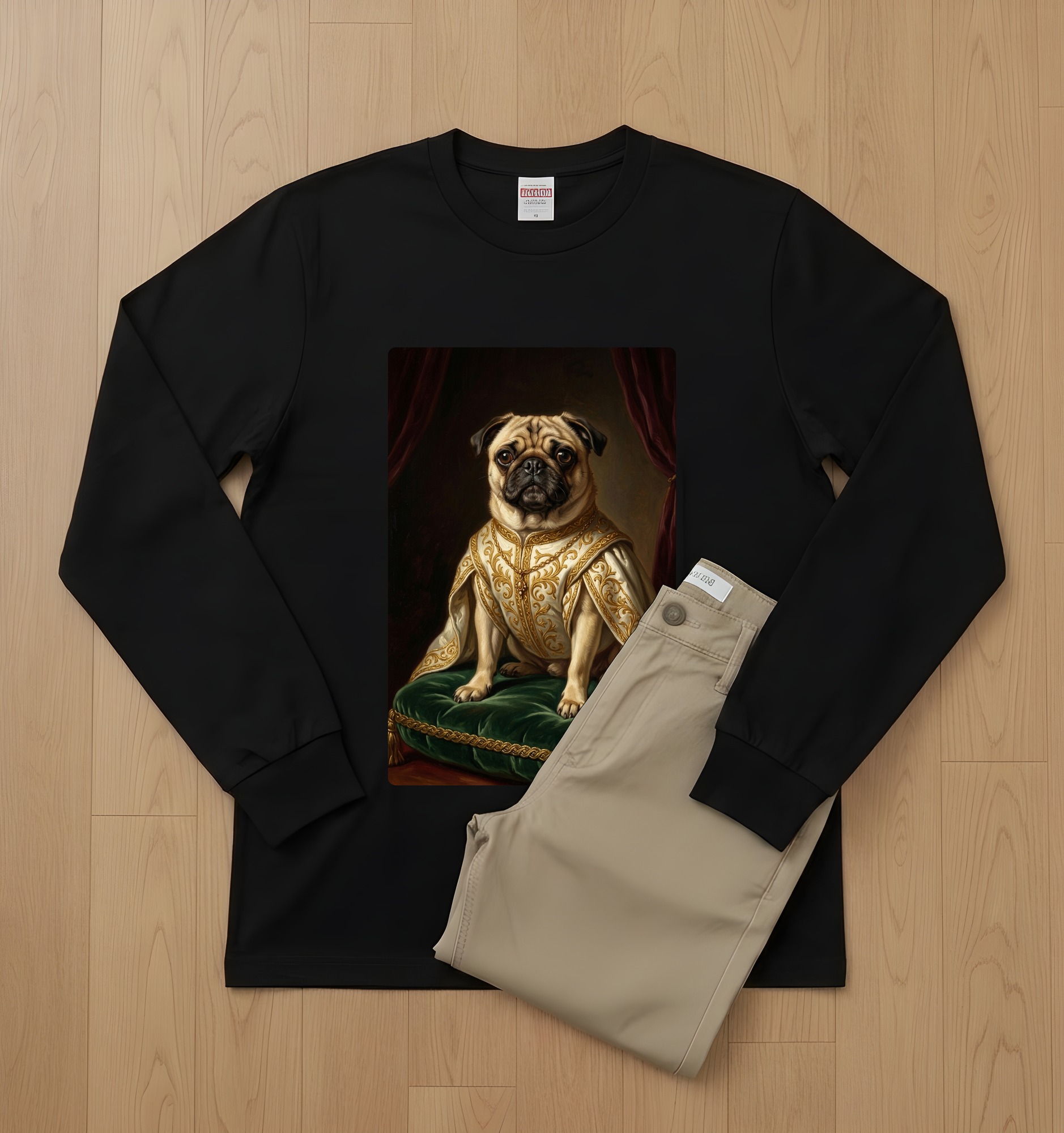 パグのルネサンス肖像画長袖Tシャツ(ブラック)(2枚目)