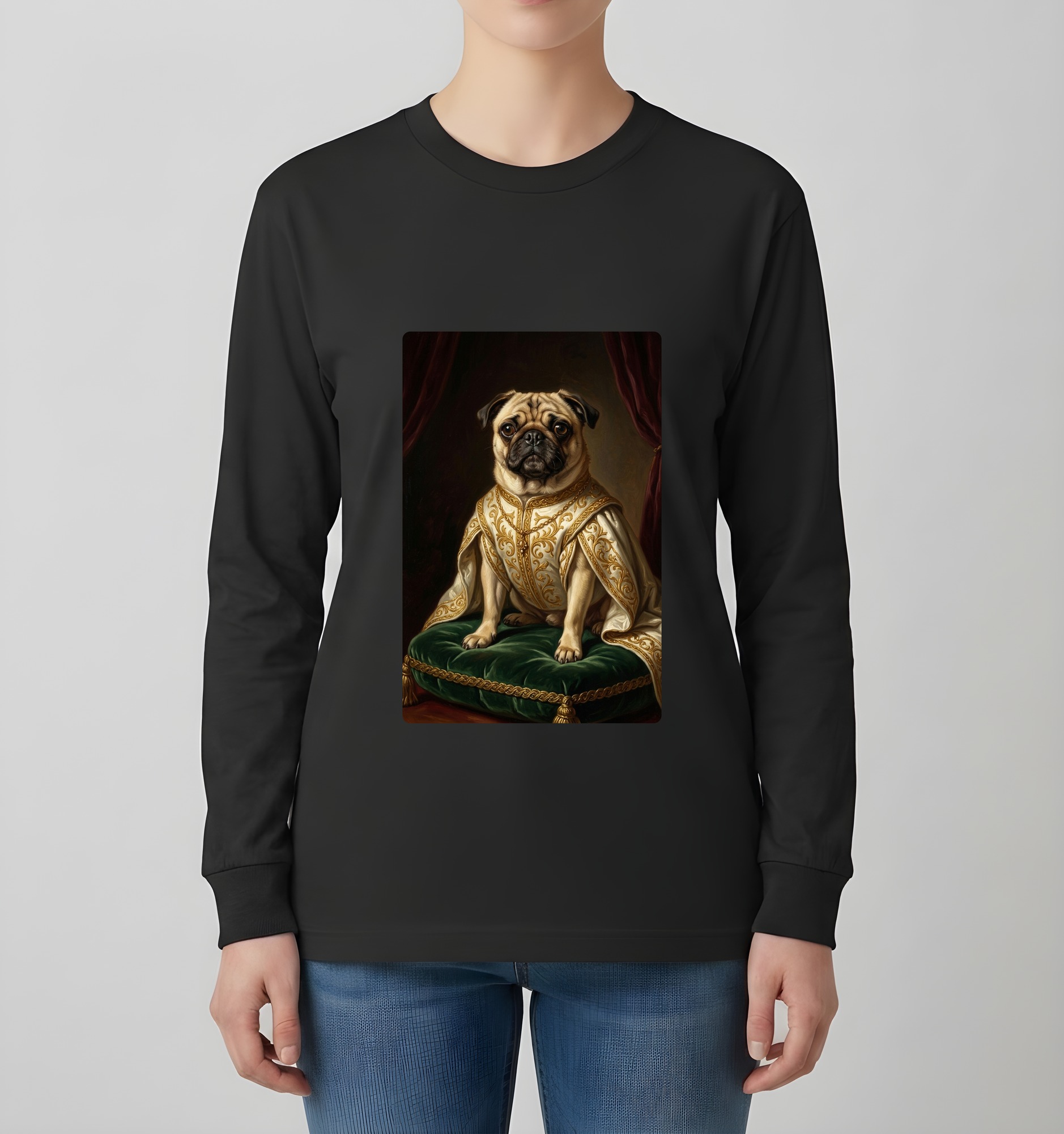 パグのルネサンス肖像画長袖Tシャツ(ブラック)(4枚目)