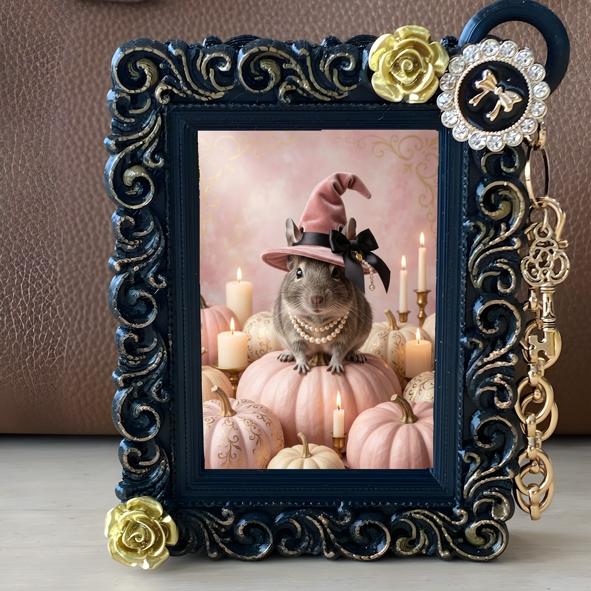 デグーのかぼちゃとキャンドルの油絵風アートハロウィンバッグチャーム（ブラック）（2枚目）