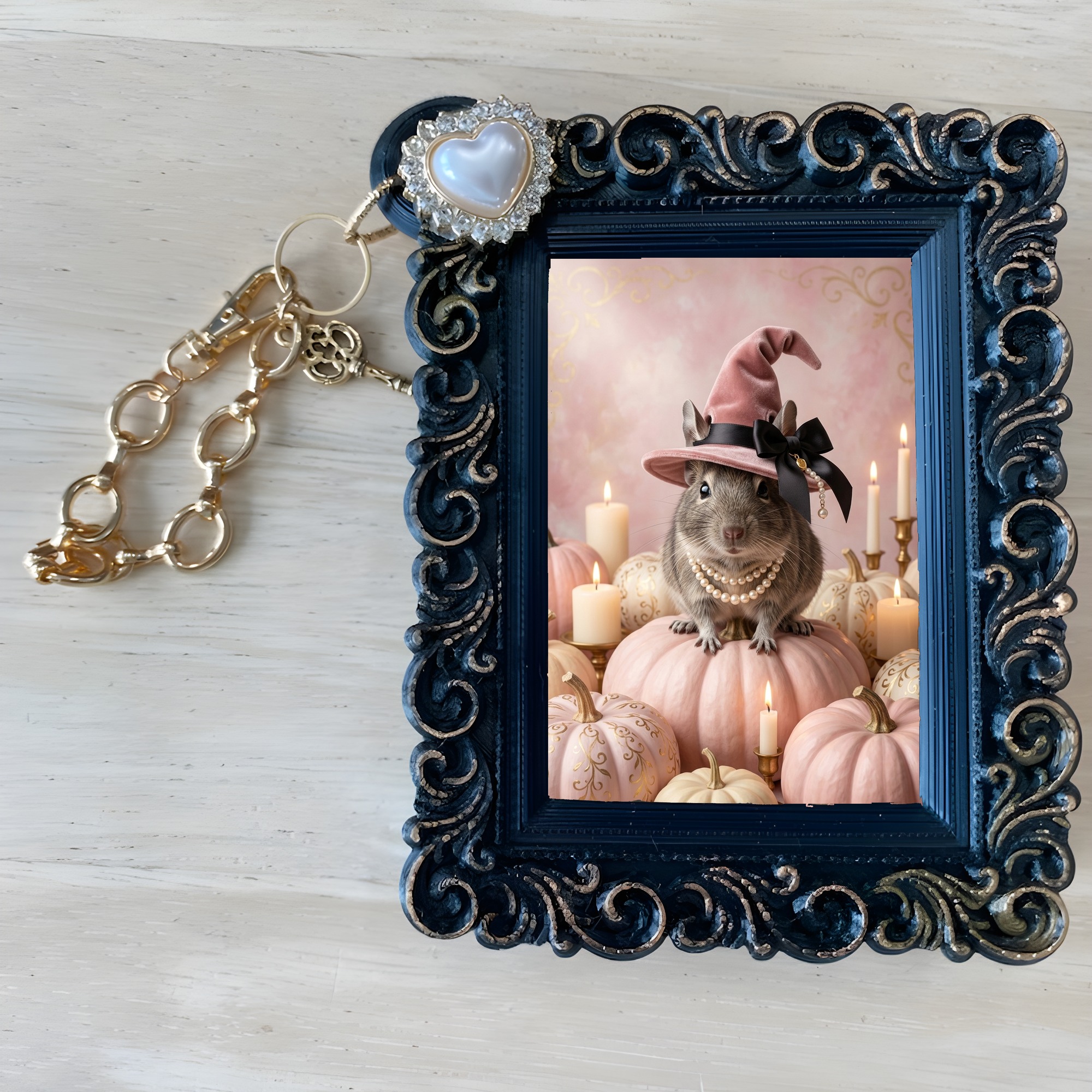 デグーのかぼちゃとキャンドルの油絵風アートハロウィンバッグチャーム（ブラック）（4枚目）