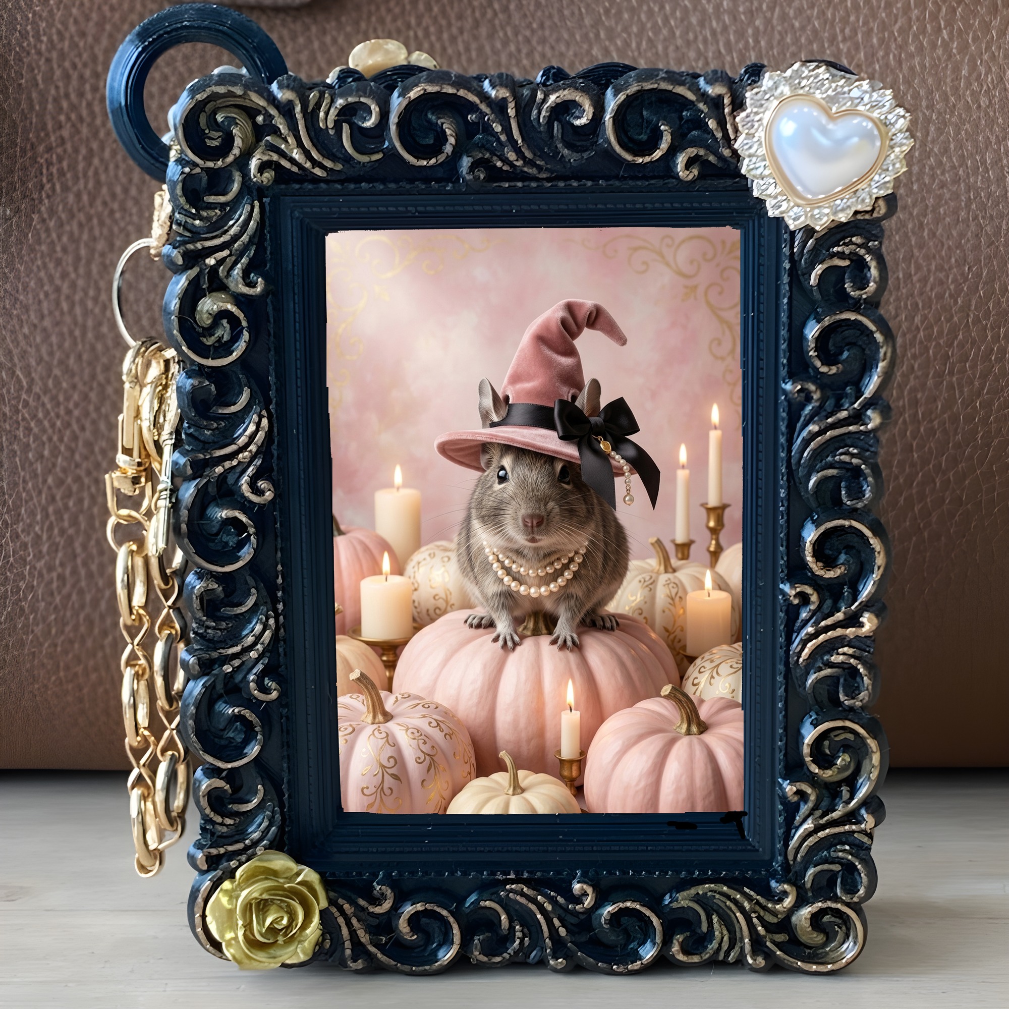 デグーのかぼちゃとキャンドルの油絵風アートハロウィンバッグチャーム（ブラック）（5枚目）