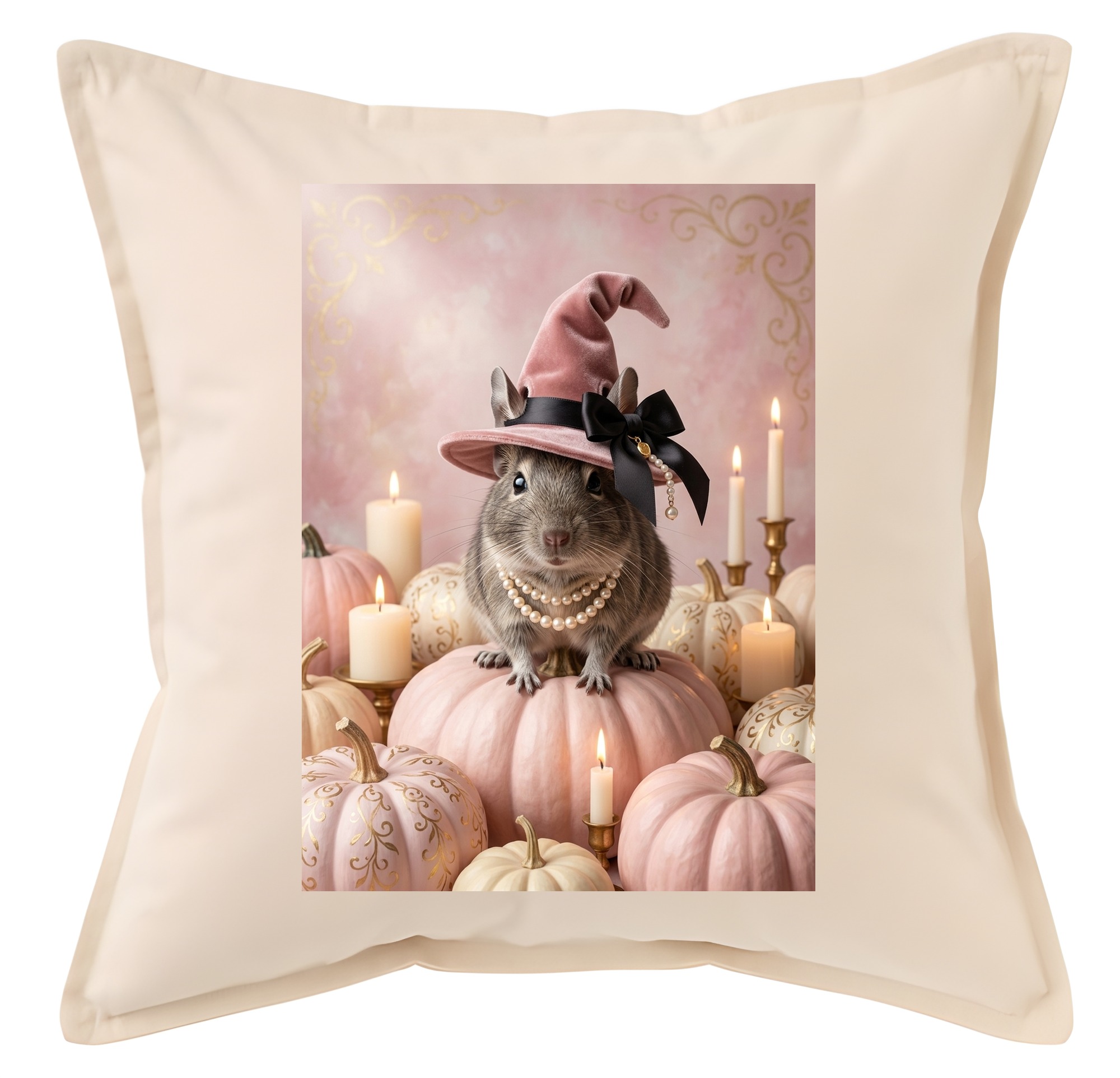 デグーのかぼちゃとキャンドルの油絵風アートハロウィンクッション