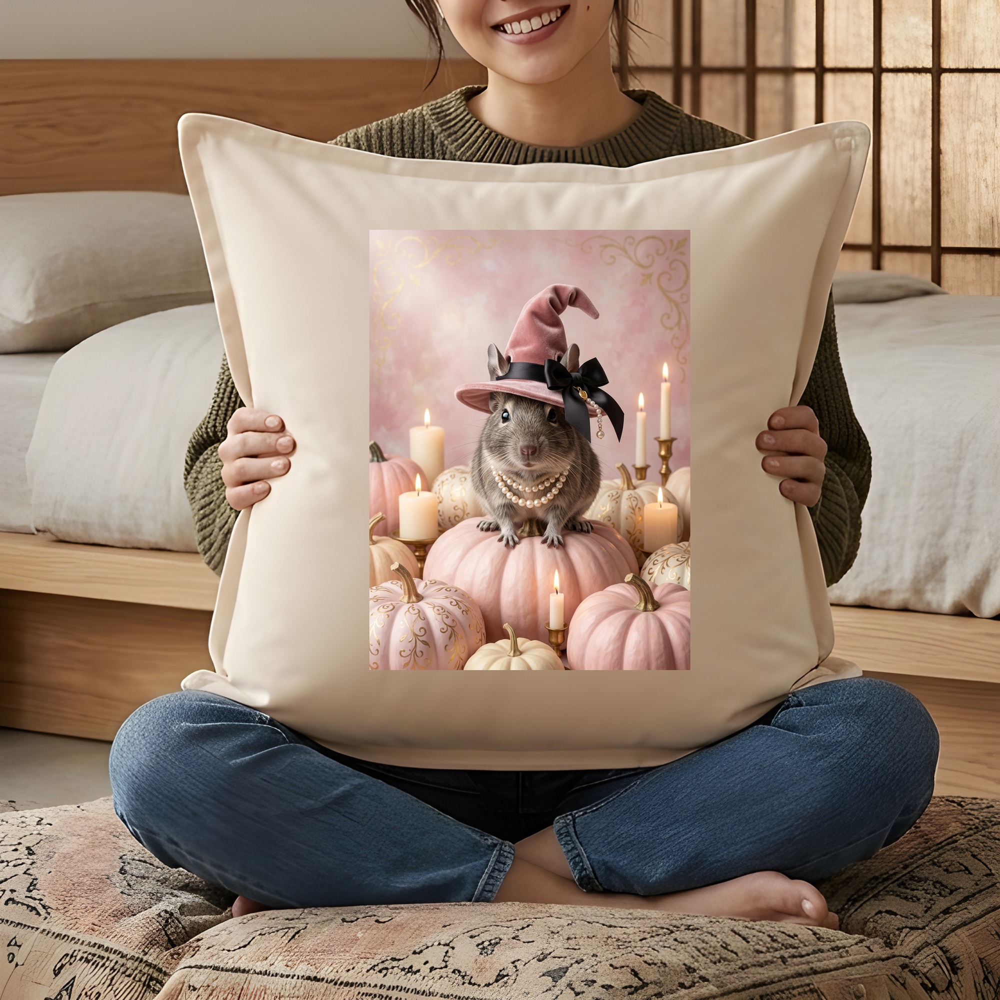 デグーのかぼちゃとキャンドルの油絵風アートハロウィンクッション（3枚目）