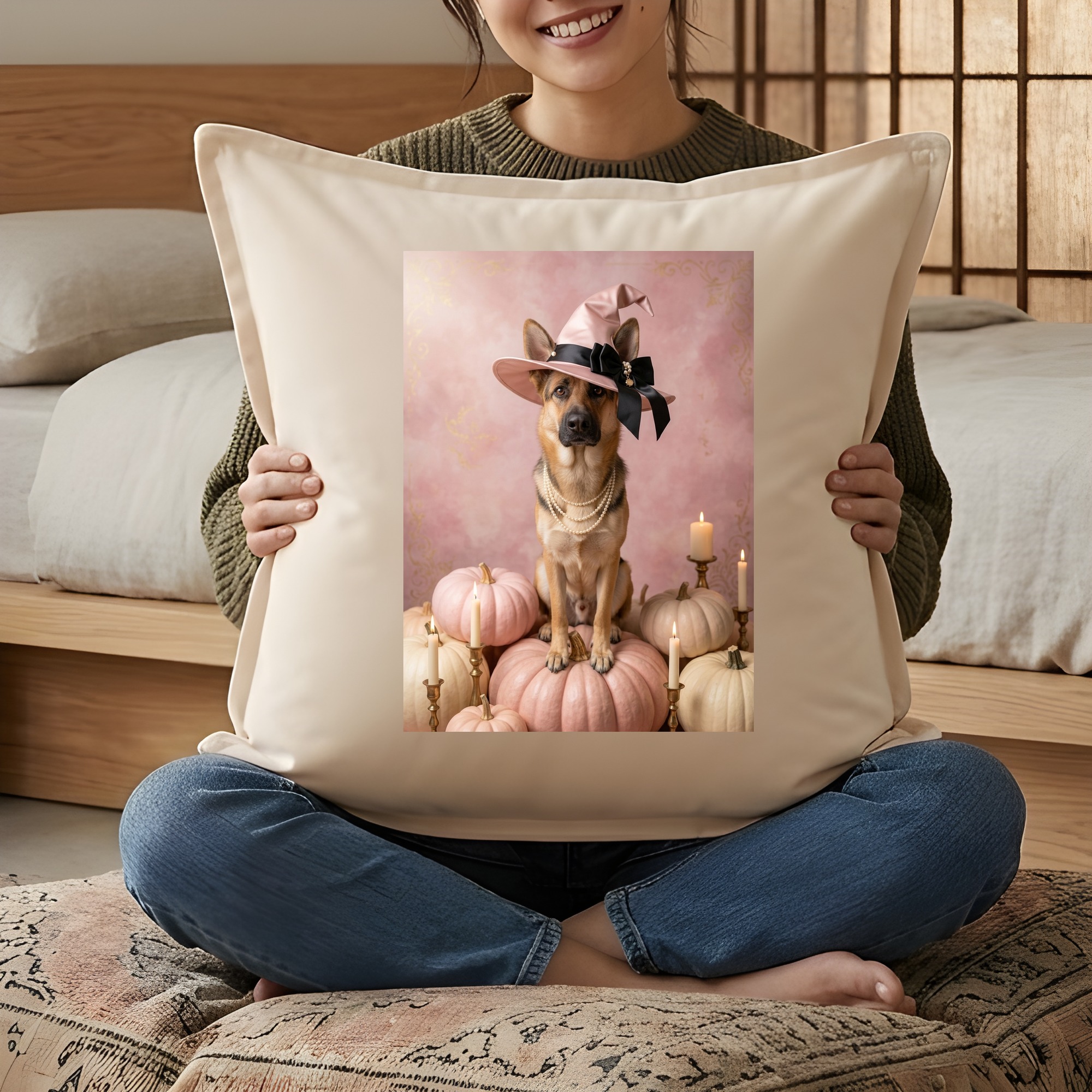 ジャーマンシェパードのかぼちゃとキャンドルの油絵風アートハロウィンクッション（3枚目）