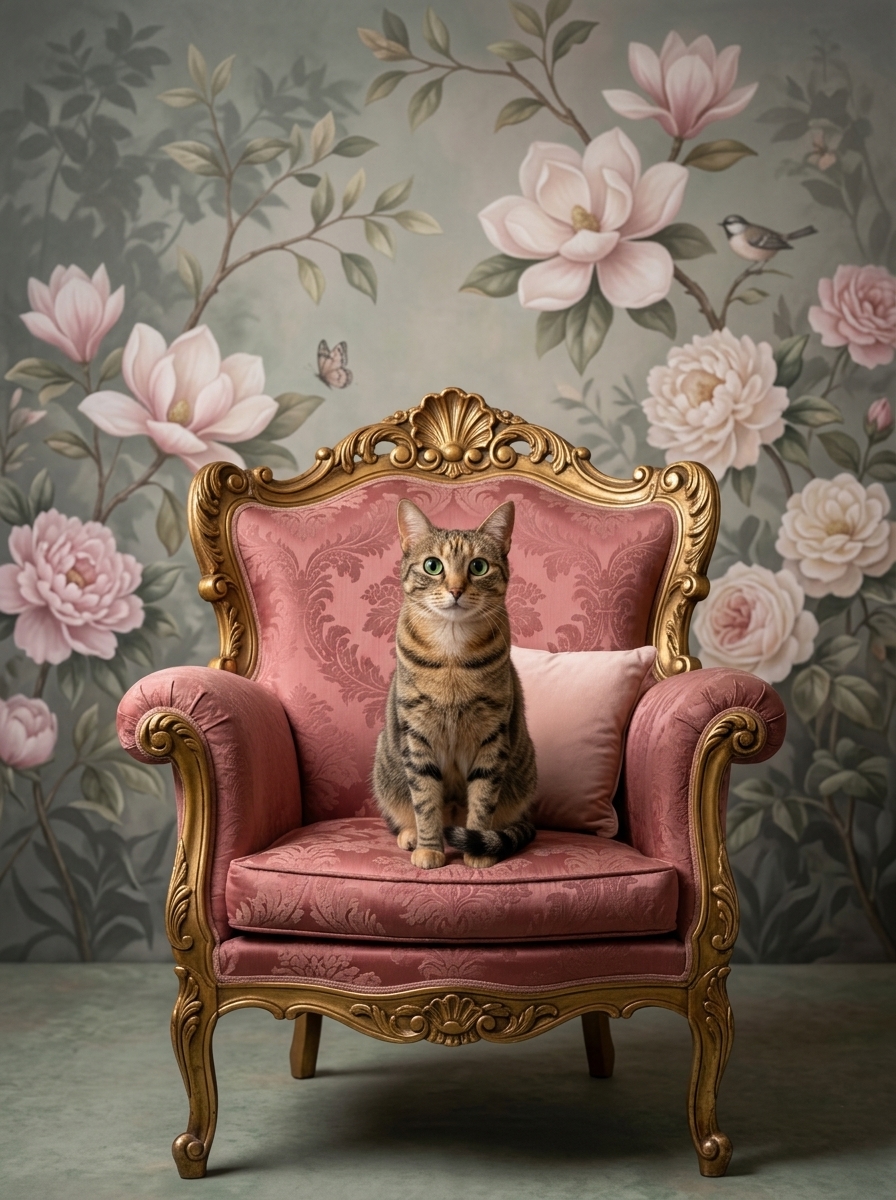 猫のシャビーピンクの油絵風アートロココ調額装プリント(A4金縁)(4枚目)
