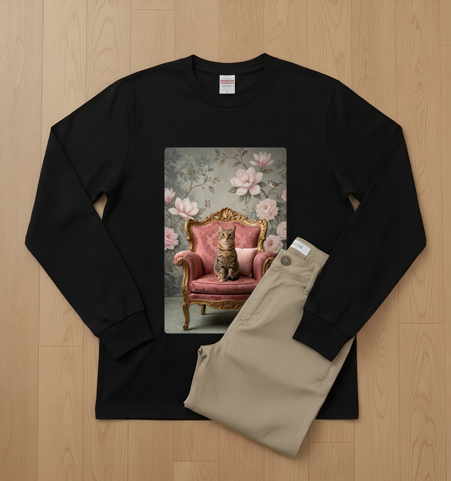 猫のシャビーピンクの油絵風アートロココ調長袖Tシャツ（ブラック）（2枚目）