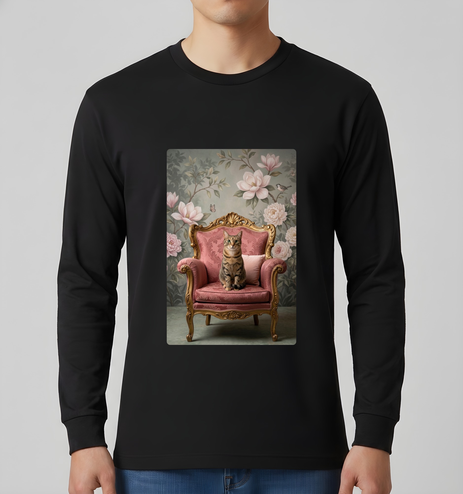 猫のシャビーピンクの油絵風アートロココ調長袖Tシャツ（ブラック）（3枚目）