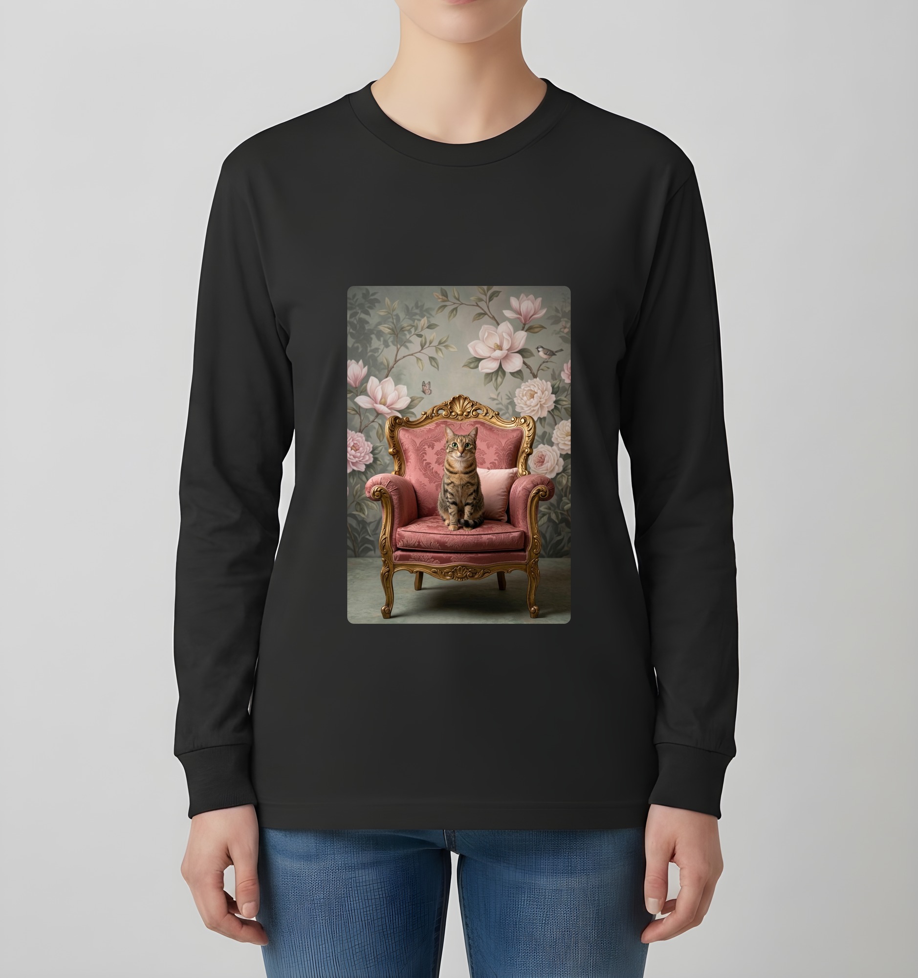 猫のシャビーピンクの油絵風アートロココ調長袖Tシャツ（ブラック）（4枚目）