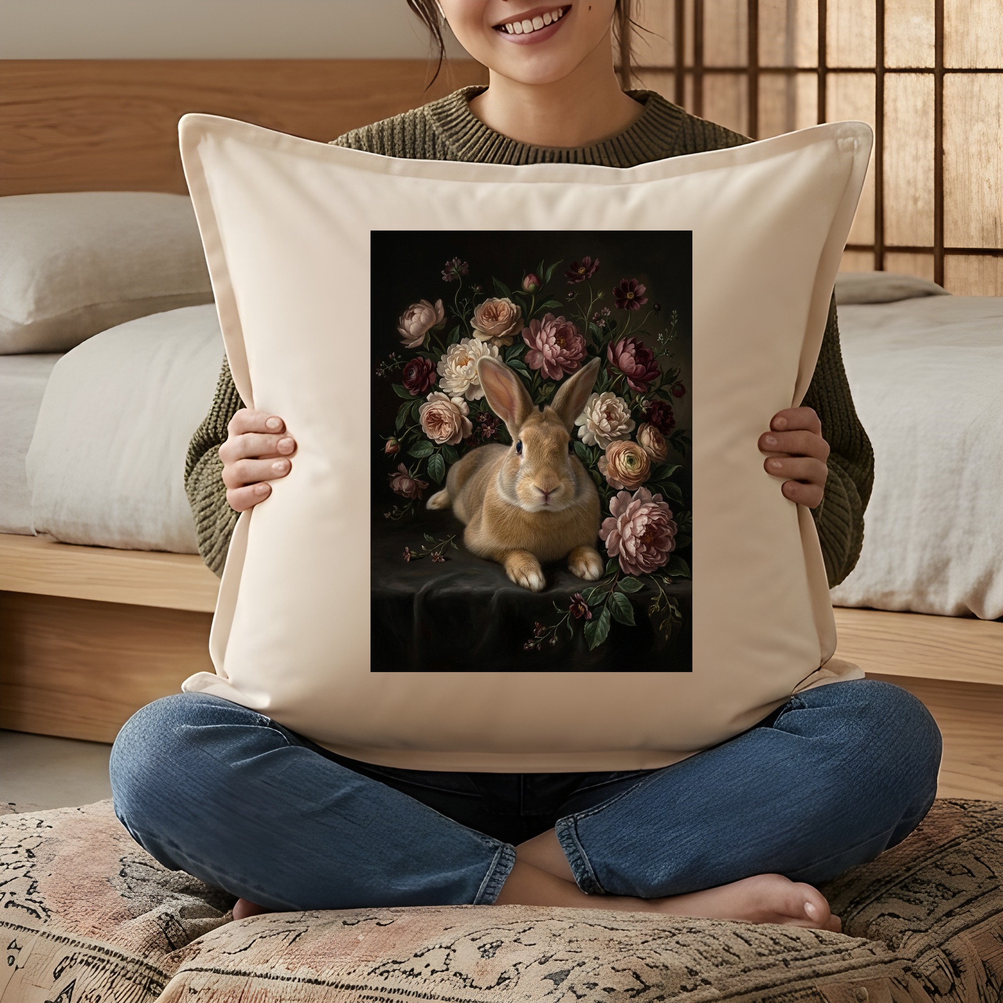 フレミッシュジャイアントの花の油絵風アート花柄クッション(3枚目)