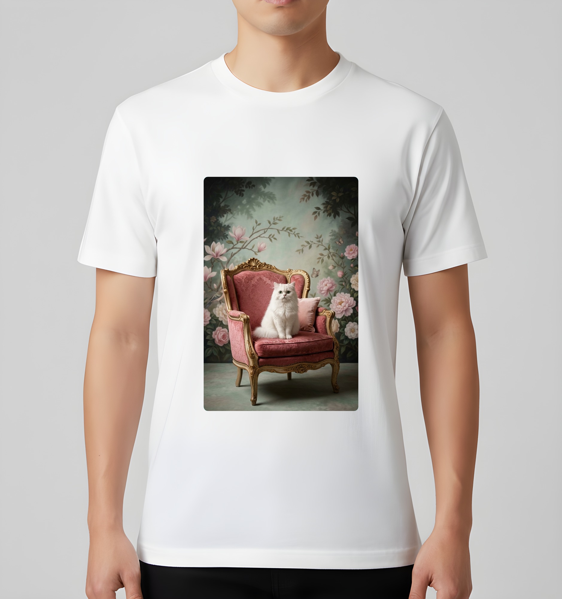 ペルシャ猫のシャビーピンクの油絵風アートロココ調Tシャツ(ホワイト)(3枚目)