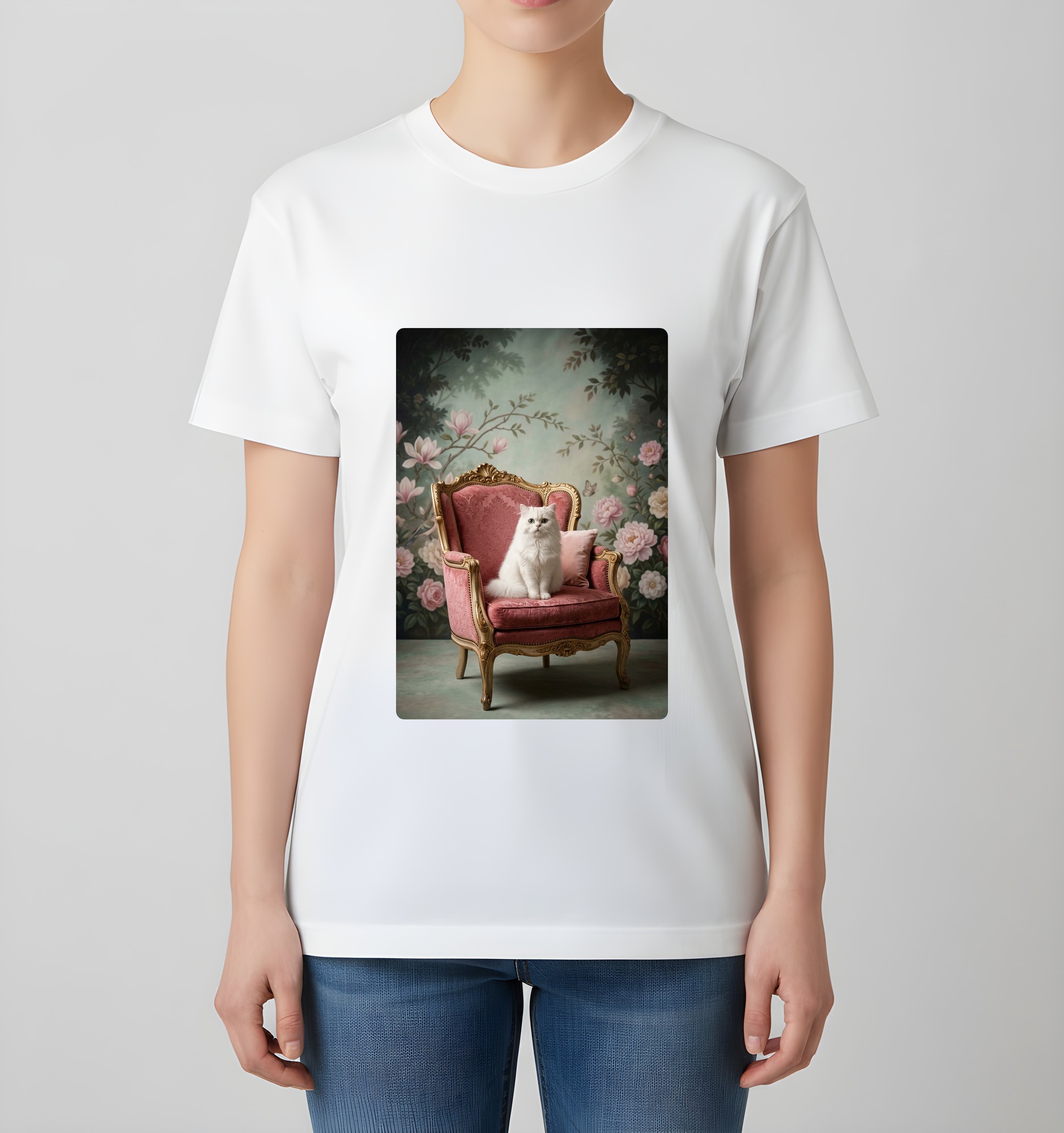 ペルシャ猫のシャビーピンクの油絵風アートロココ調Tシャツ(ホワイト)(4枚目)