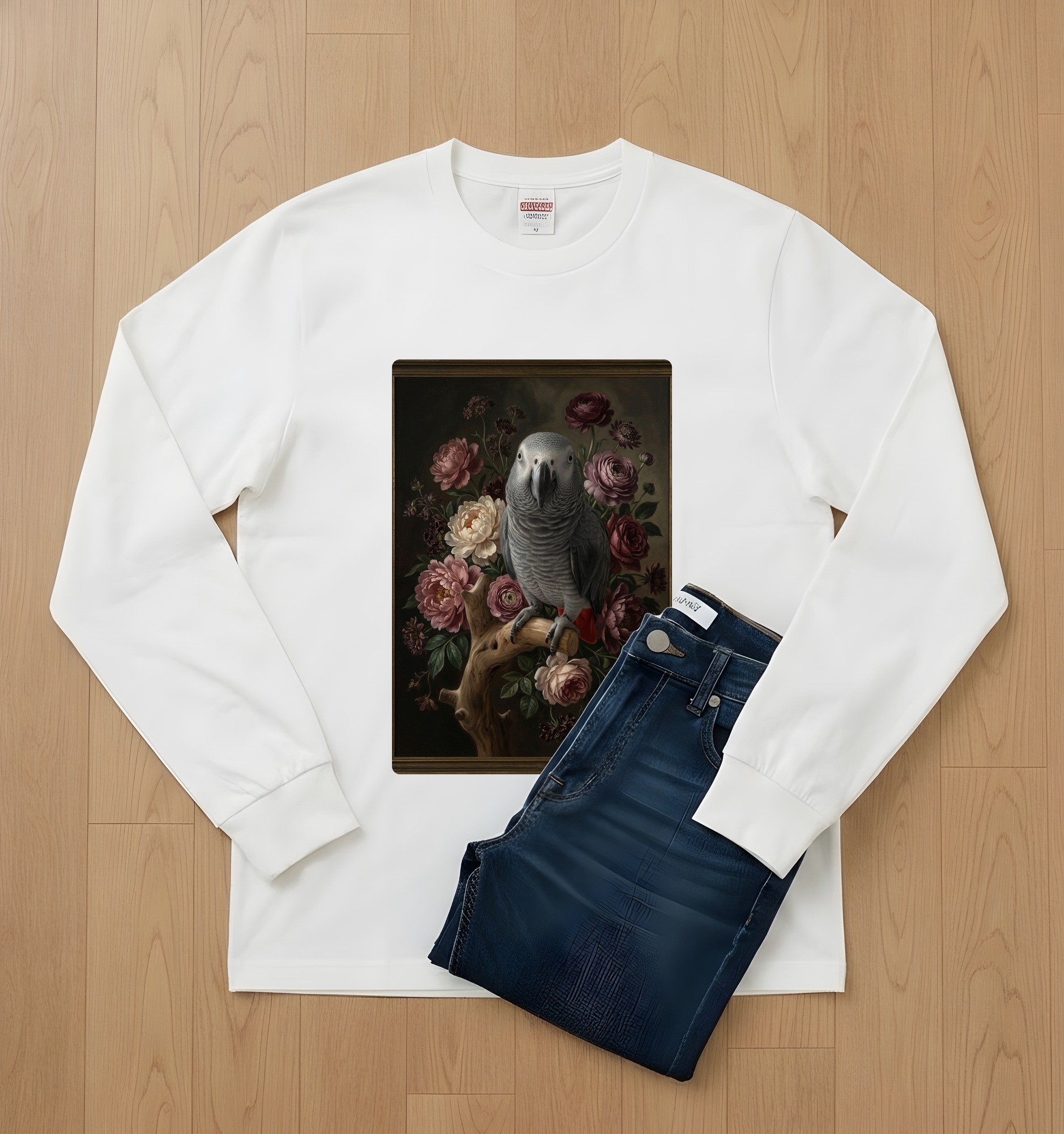ヨウムの花の油絵風アート花柄長袖Tシャツ(ホワイト)(2枚目)