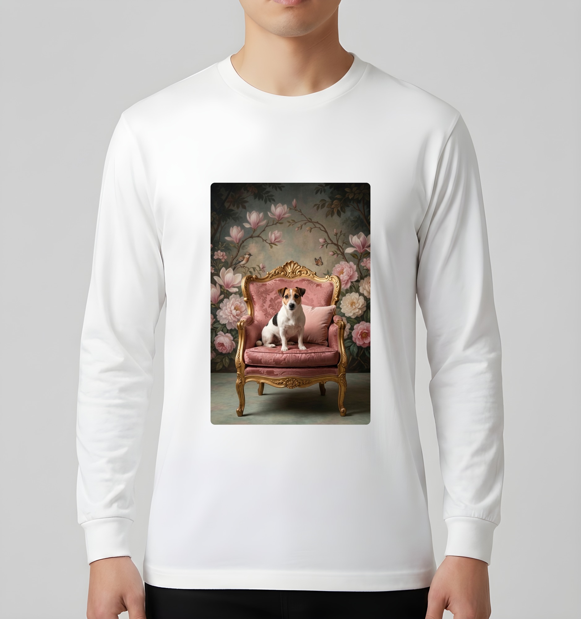 ジャックラッセルテリアのシャビーピンクの油絵風アートロココ調長袖Tシャツ(ホワイト)(3枚目)