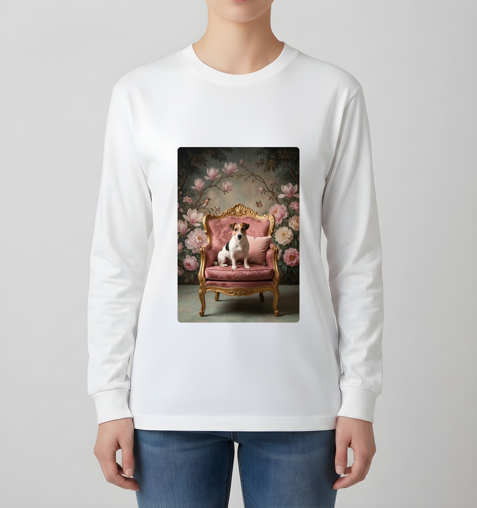 ジャックラッセルテリアのシャビーピンクの油絵風アートロココ調長袖Tシャツ(ホワイト)(4枚目)