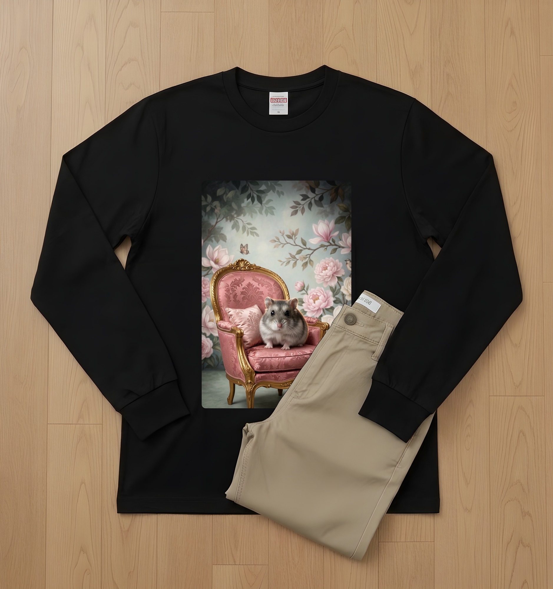 サファイアハムスターのシャビーピンクの油絵風アートロココ調長袖Tシャツ(ブラック)(2枚目)