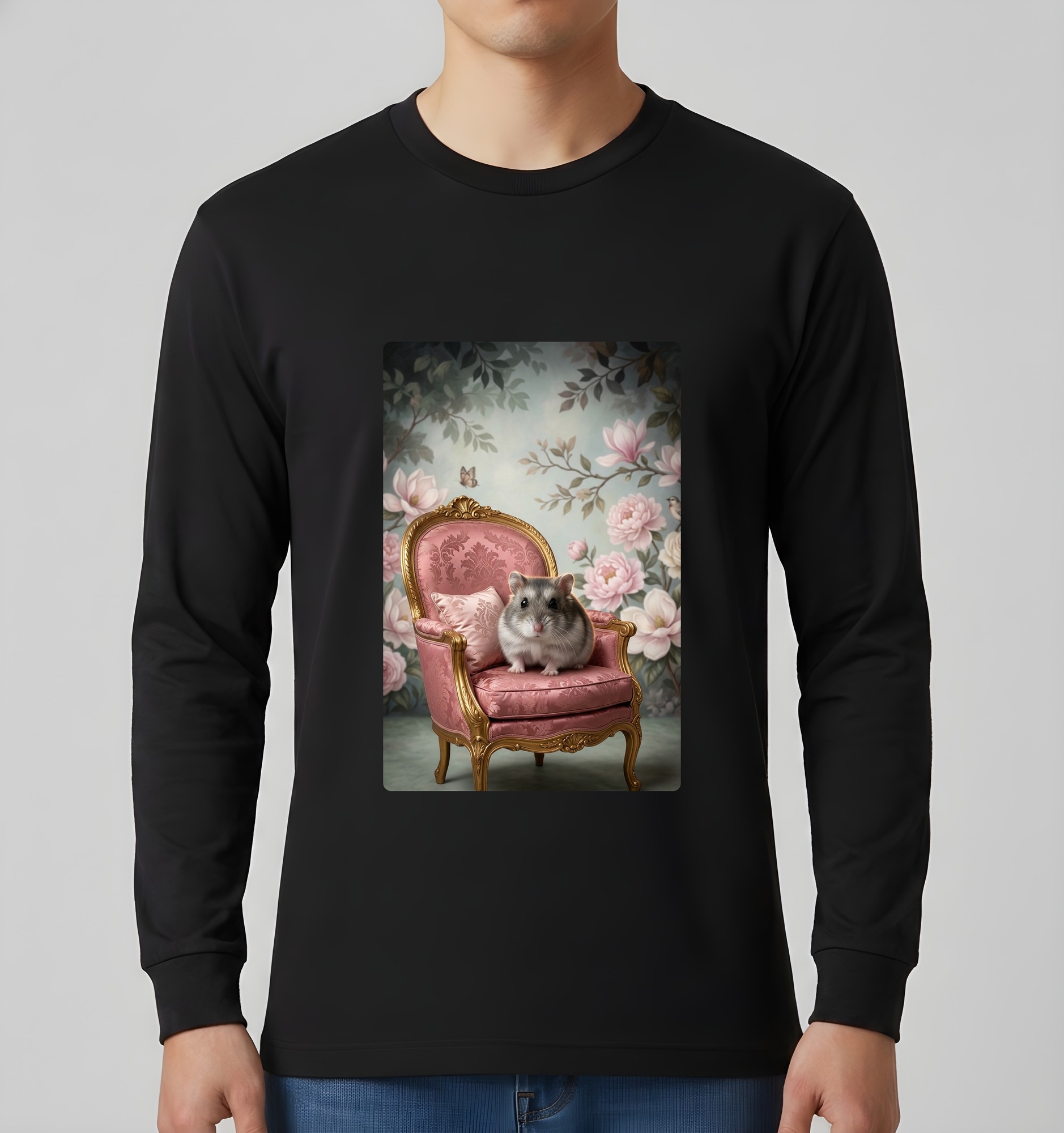 サファイアハムスターのシャビーピンクの油絵風アートロココ調長袖Tシャツ(ブラック)(3枚目)
