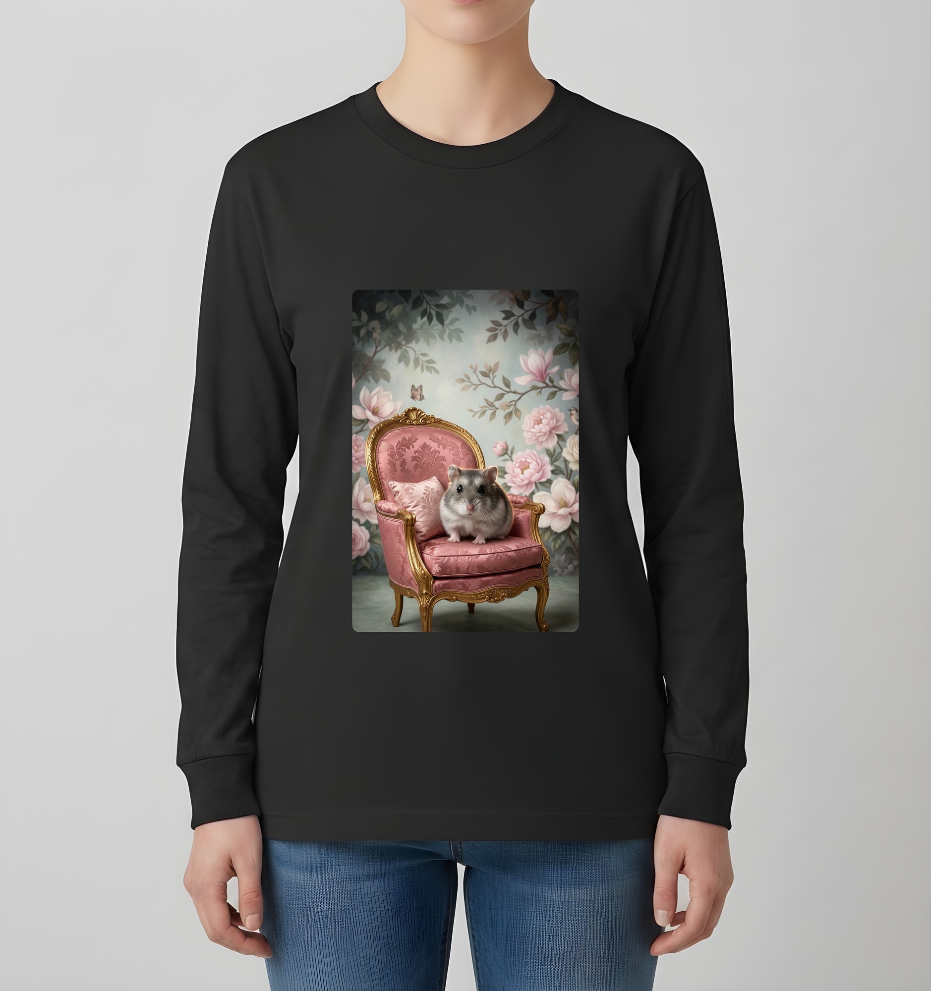 サファイアハムスターのシャビーピンクの油絵風アートロココ調長袖Tシャツ(ブラック)(4枚目)