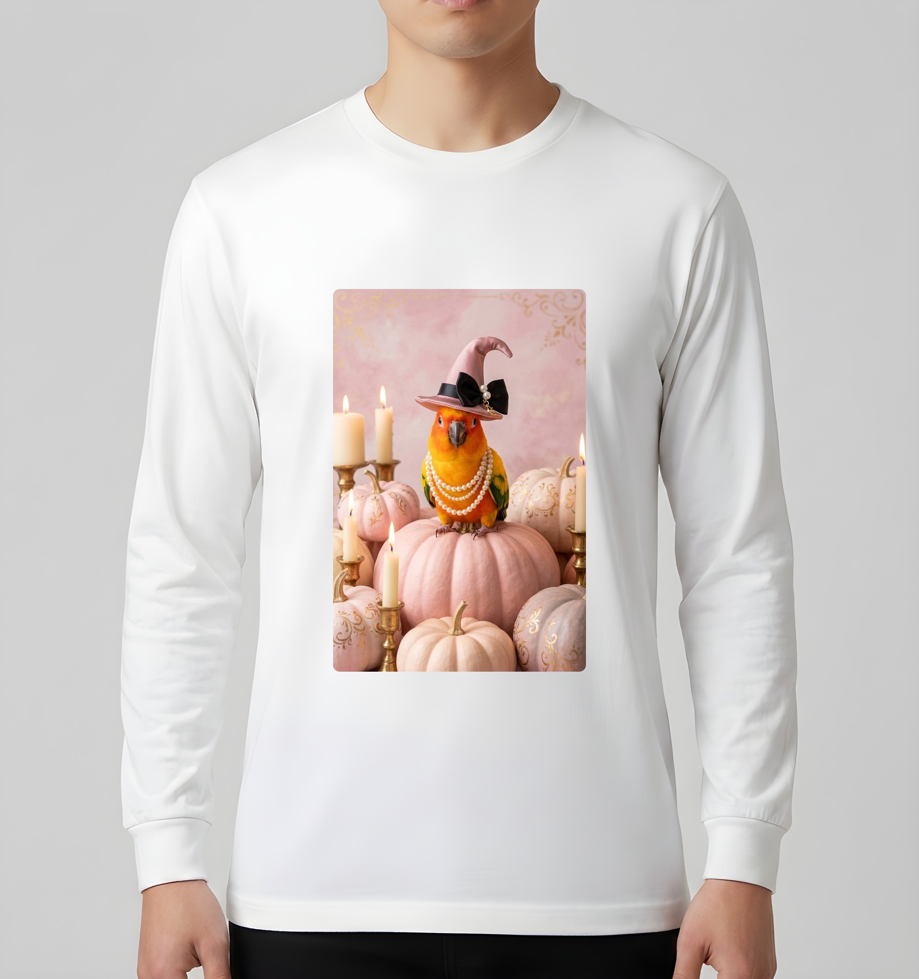 コガネメキシコインコのかぼちゃとキャンドルの油絵風アートハロウィン長袖Tシャツ（ホワイト）（3枚目）