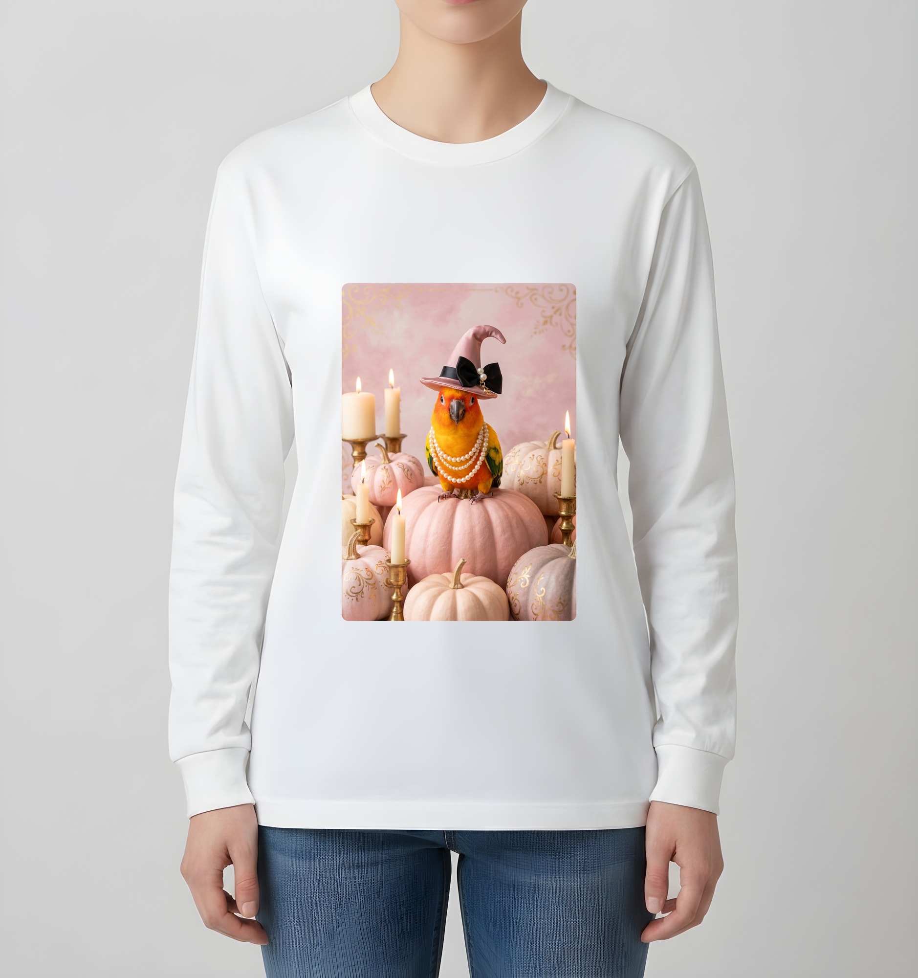 コガネメキシコインコのかぼちゃとキャンドルの油絵風アートハロウィン長袖Tシャツ（ホワイト）（4枚目）