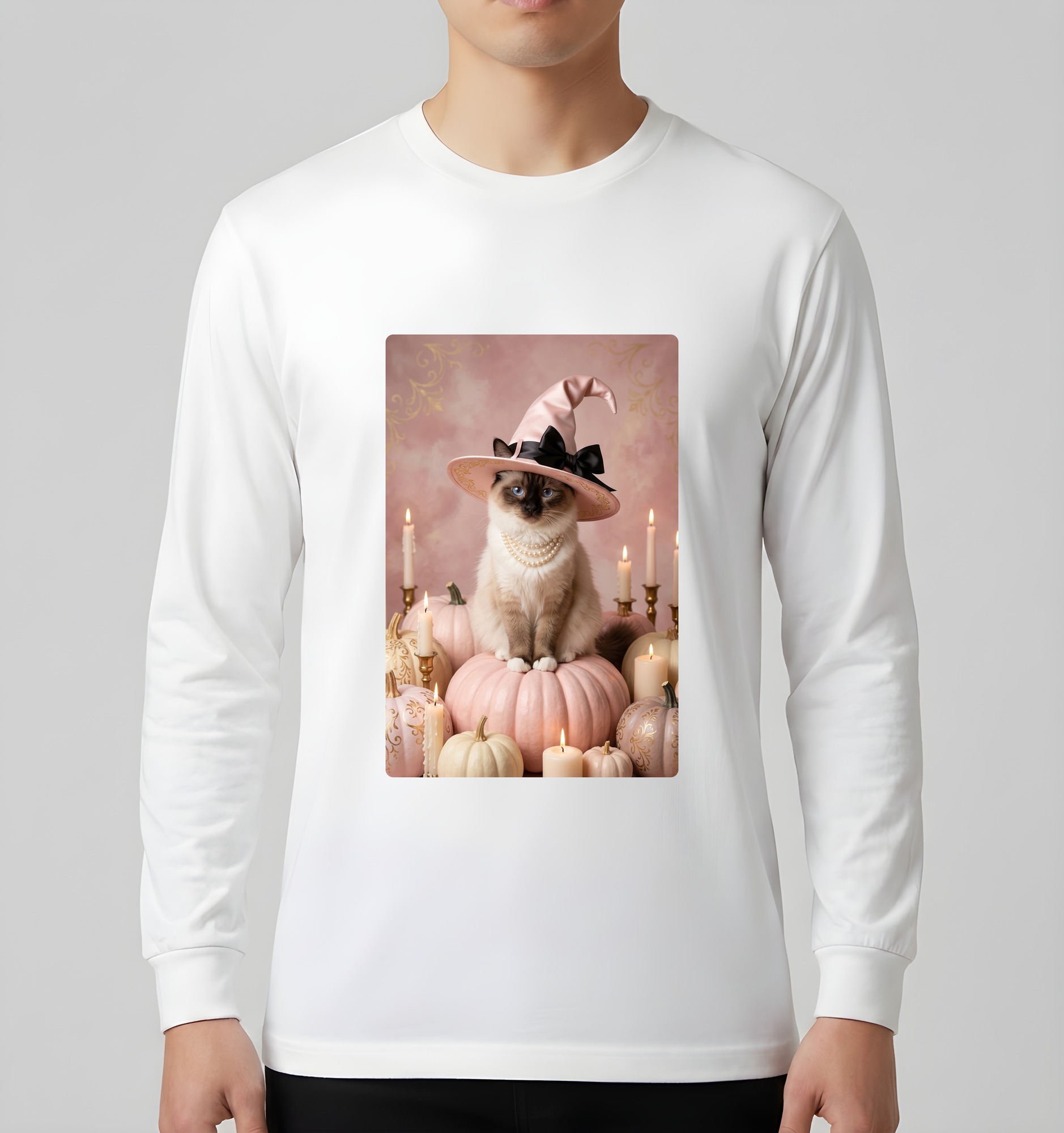 バリニーズのかぼちゃとキャンドルの油絵風アートハロウィン長袖Tシャツ（ホワイト）（3枚目）