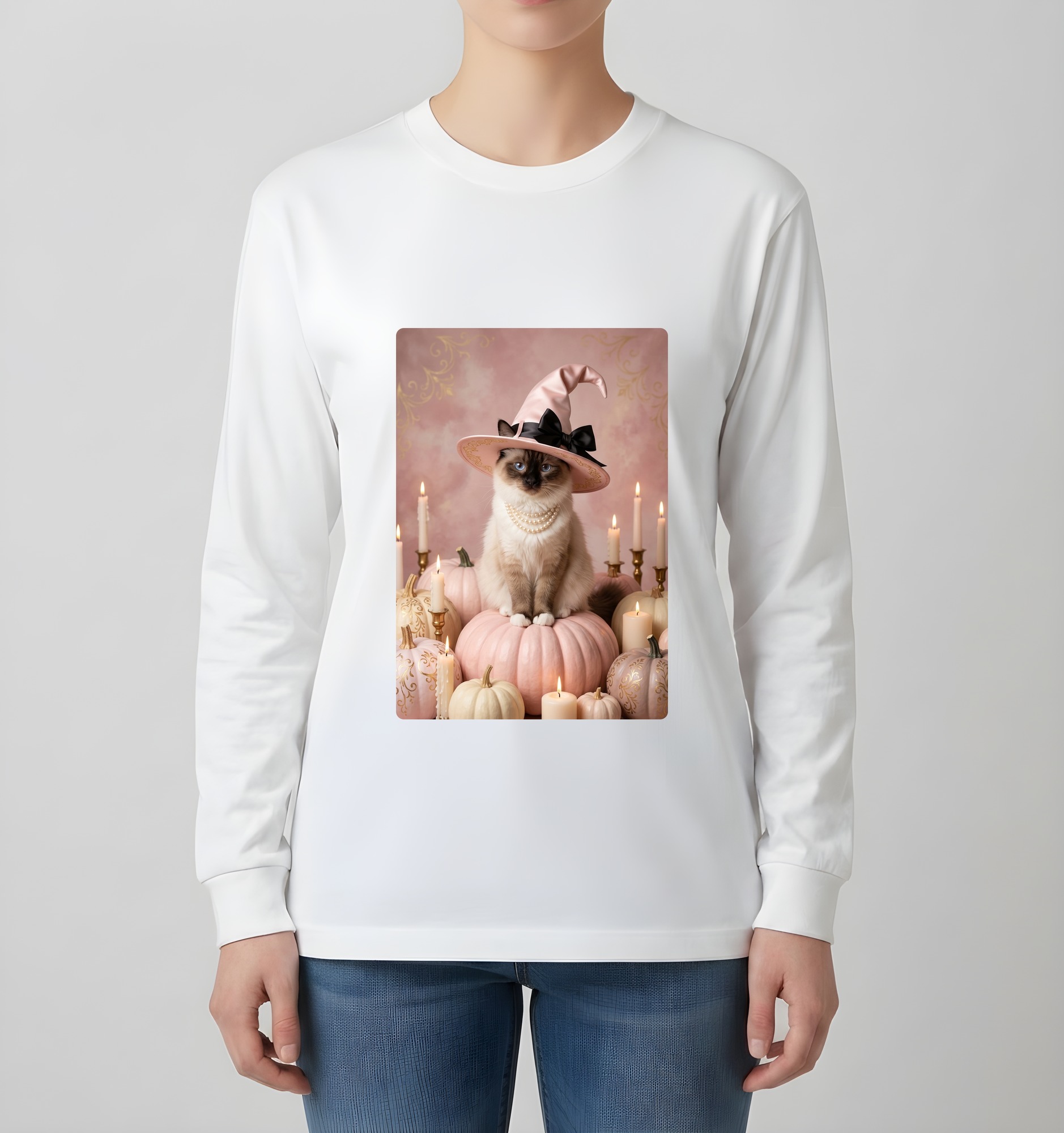 バリニーズのかぼちゃとキャンドルの油絵風アートハロウィン長袖Tシャツ（ホワイト）（4枚目）