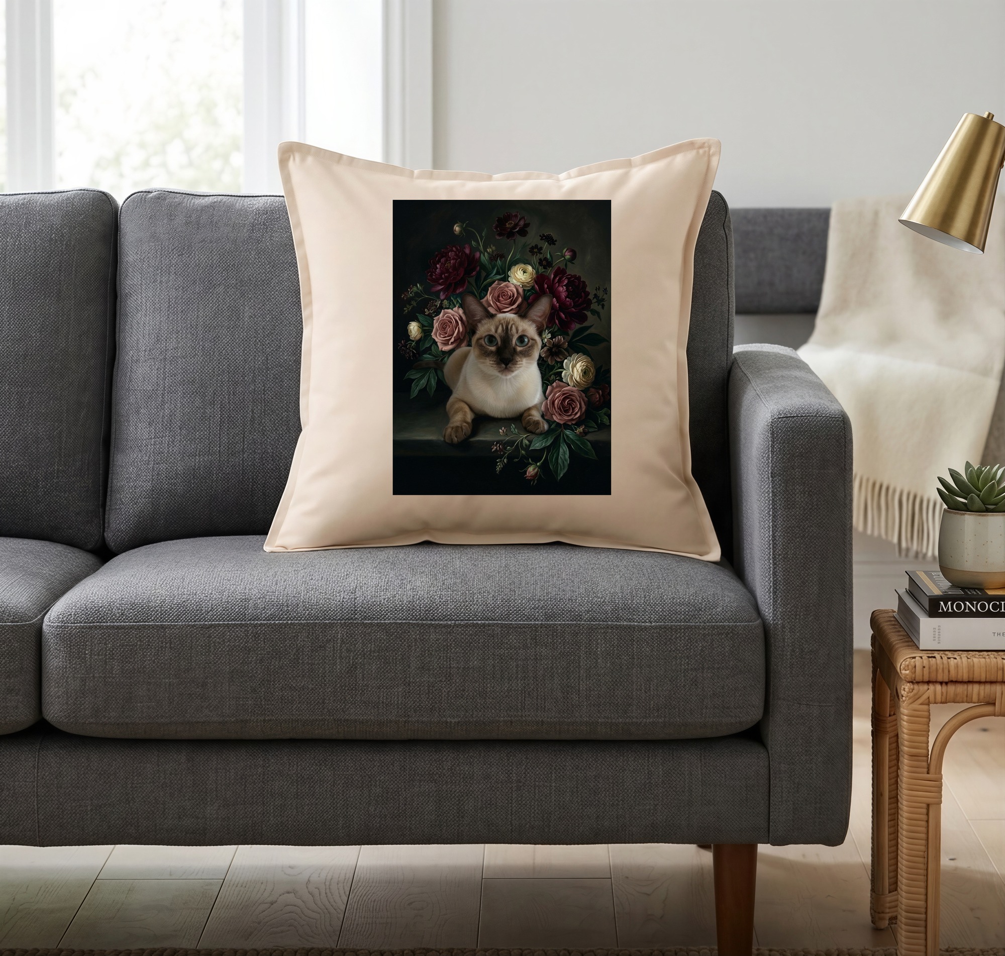 シャム猫の花の油絵風アート花柄クッション（2枚目）