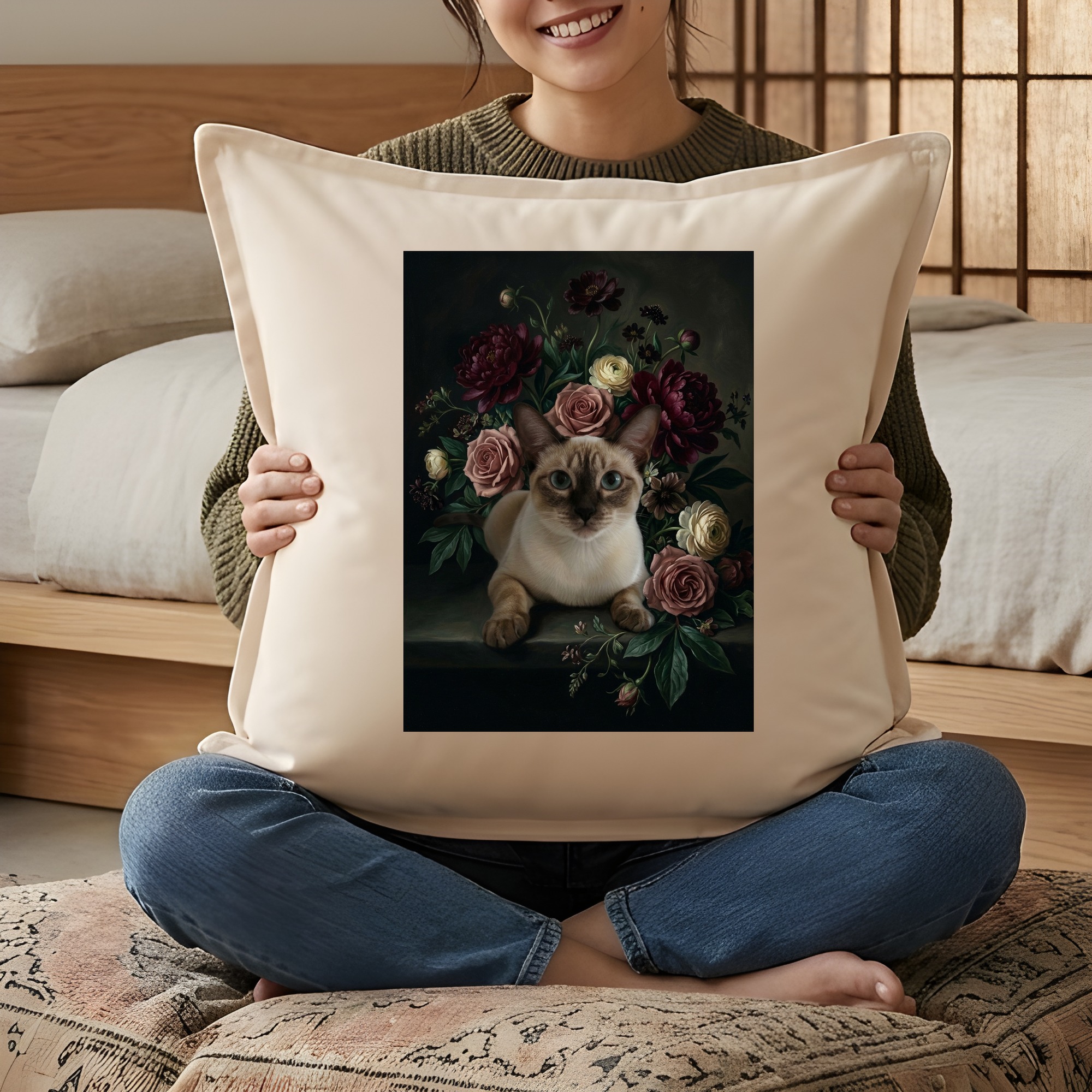 シャム猫の花の油絵風アート花柄クッション（3枚目）