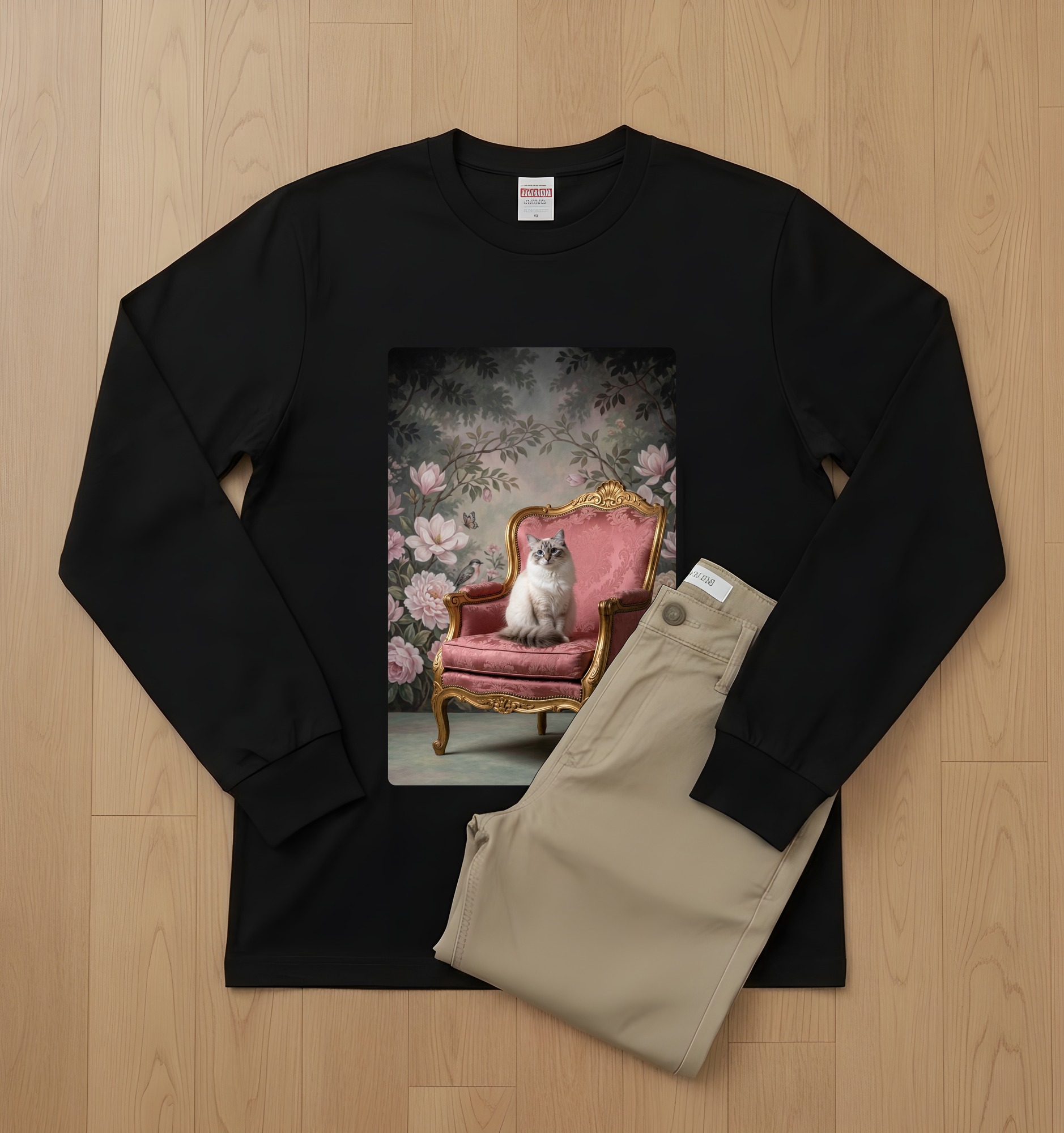 ラグドールのシャビーピンクの油絵風アートロココ調長袖Tシャツ（ブラック）（2枚目）