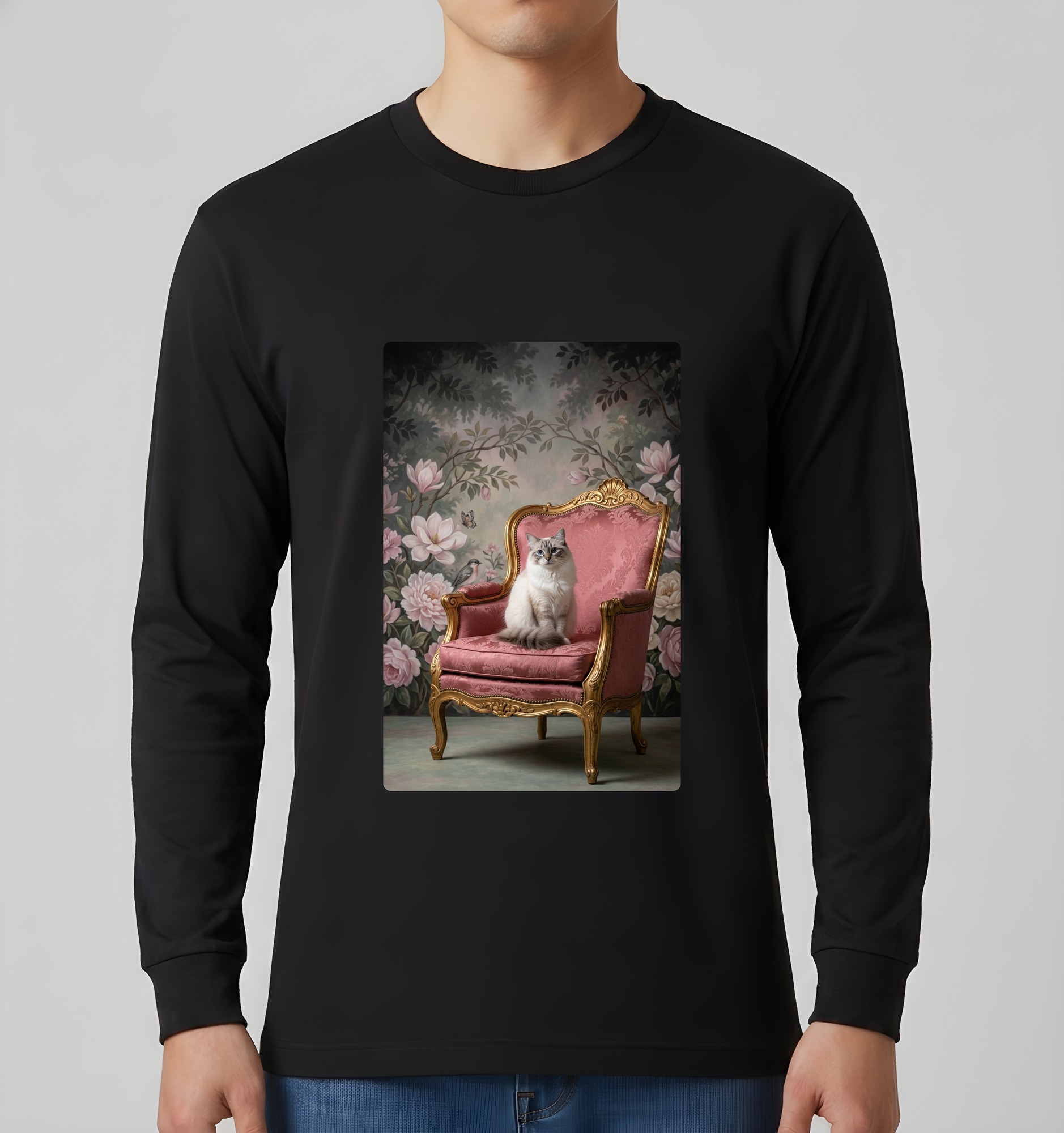 ラグドールのシャビーピンクの油絵風アートロココ調長袖Tシャツ（ブラック）（3枚目）