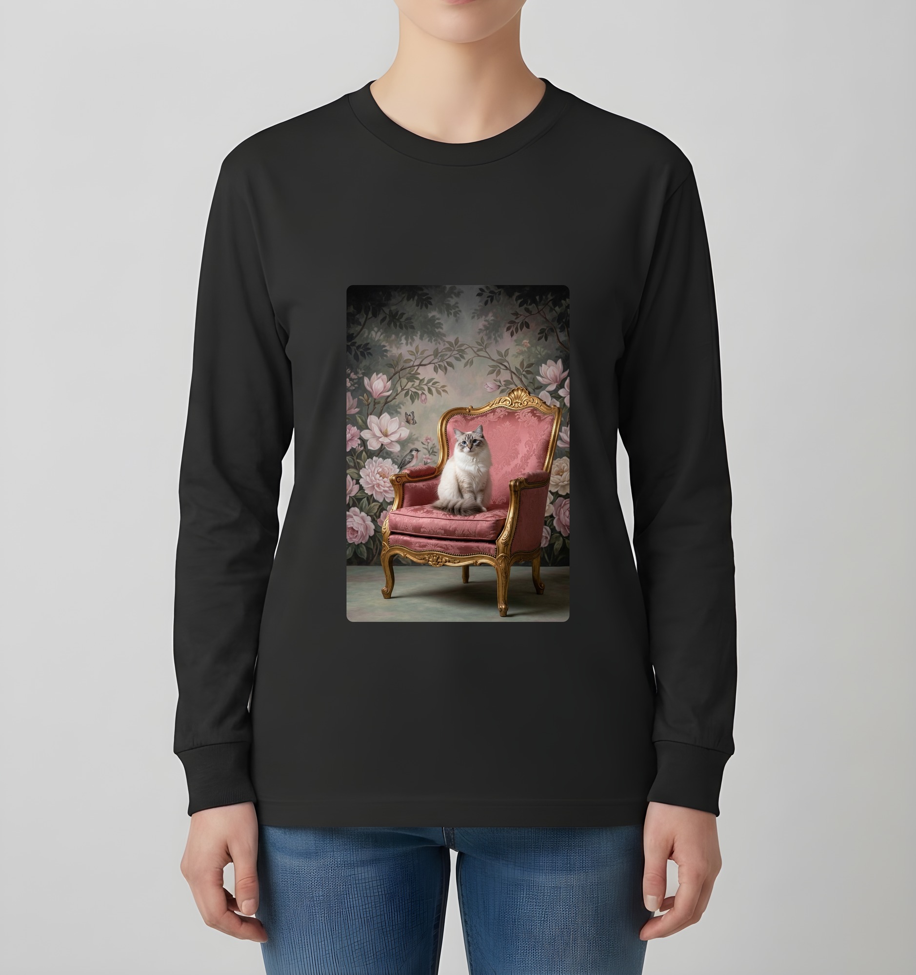 ラグドールのシャビーピンクの油絵風アートロココ調長袖Tシャツ（ブラック）（4枚目）