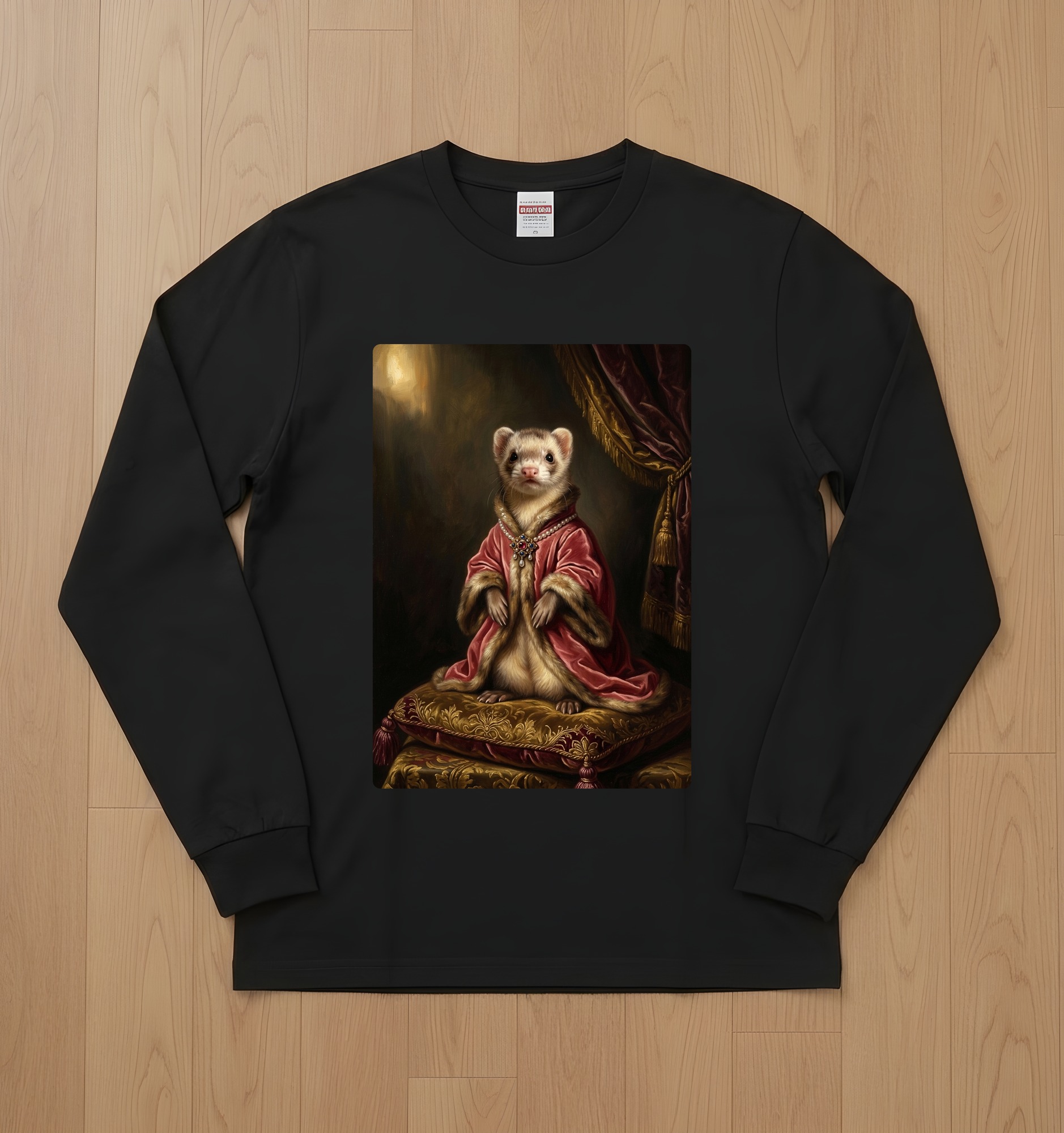 フェレットのルネサンス肖像画長袖Tシャツ(ブラック)