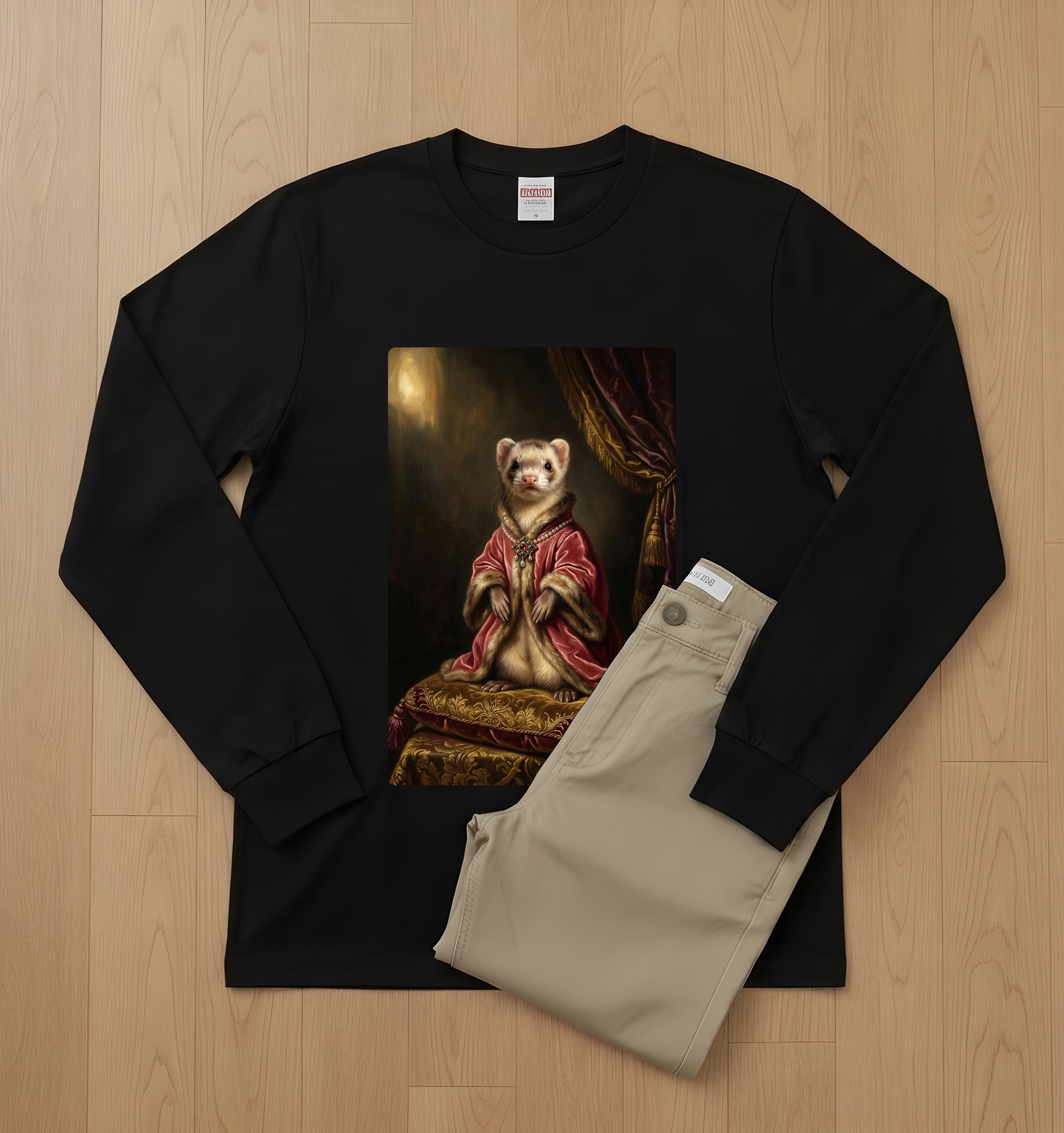 フェレットのルネサンス肖像画長袖Tシャツ(ブラック)(2枚目)