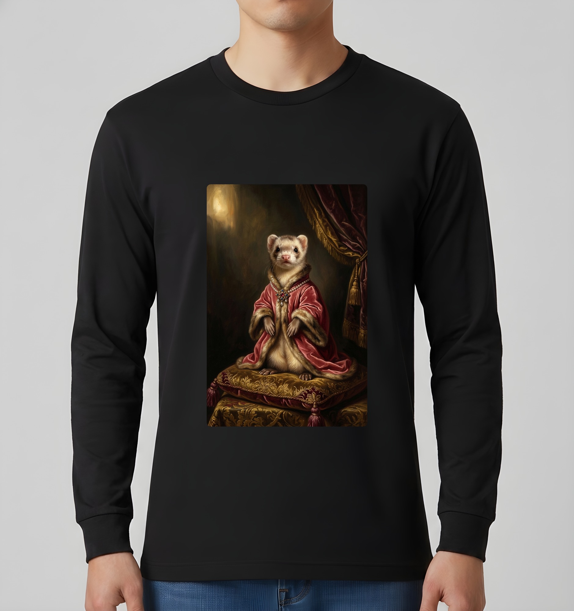 フェレットのルネサンス肖像画長袖Tシャツ(ブラック)(3枚目)