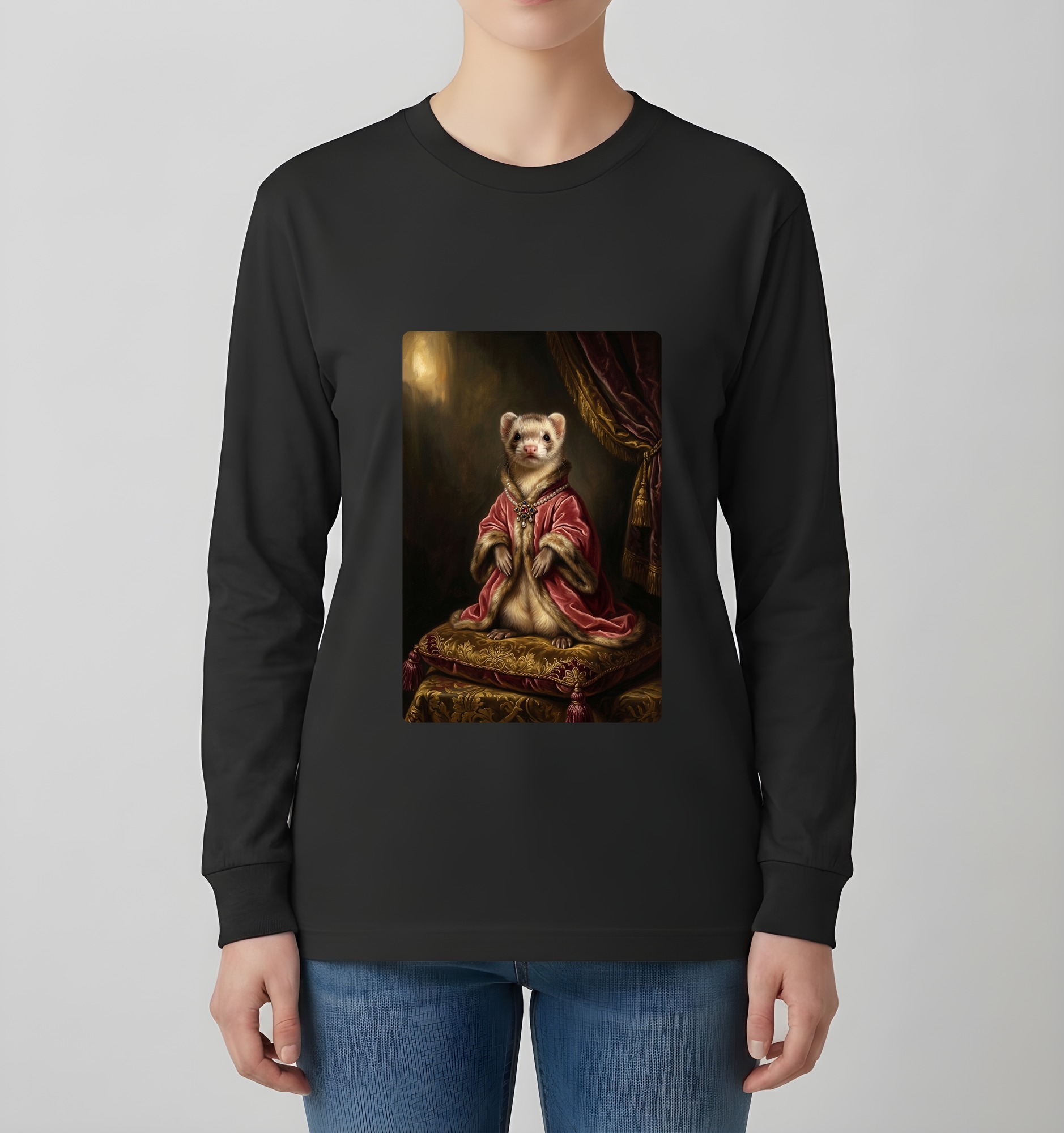 フェレットのルネサンス肖像画長袖Tシャツ(ブラック)(4枚目)