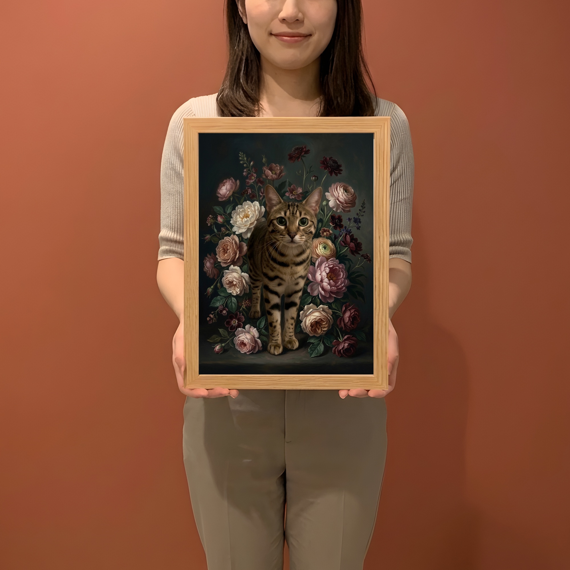 オシキャットの花の油絵風アート花柄額装プリント（A4サイズ）（2枚目）