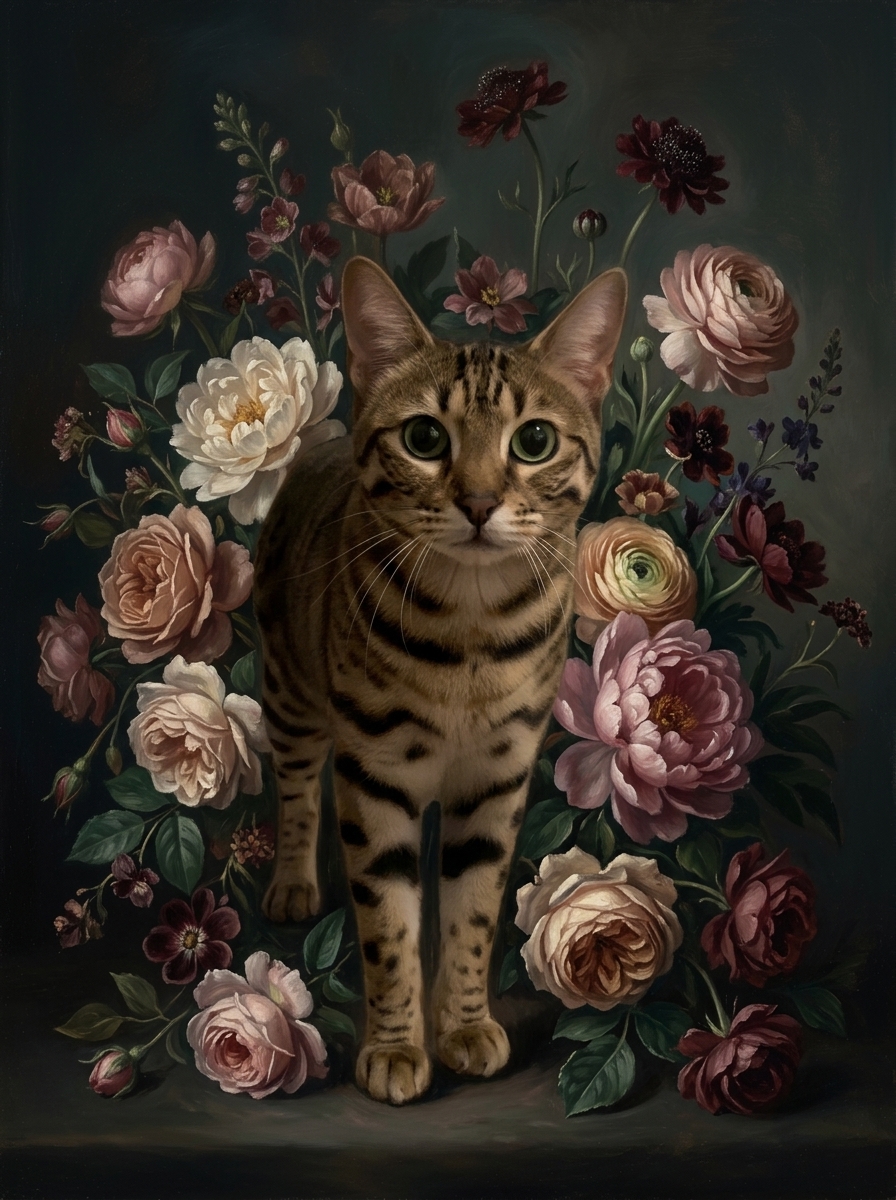 オシキャットの花の油絵風アート花柄額装プリント（A4サイズ）（4枚目）