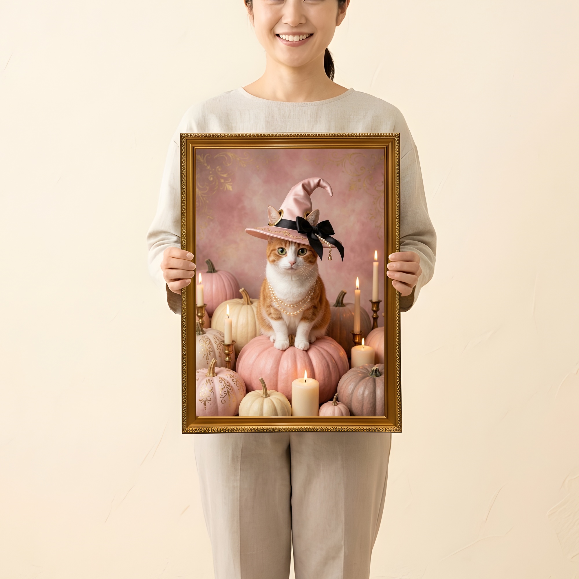 マンチカンのかぼちゃとキャンドルの油絵風アートハロウィン額装プリント（A3サイズ）（2枚目）