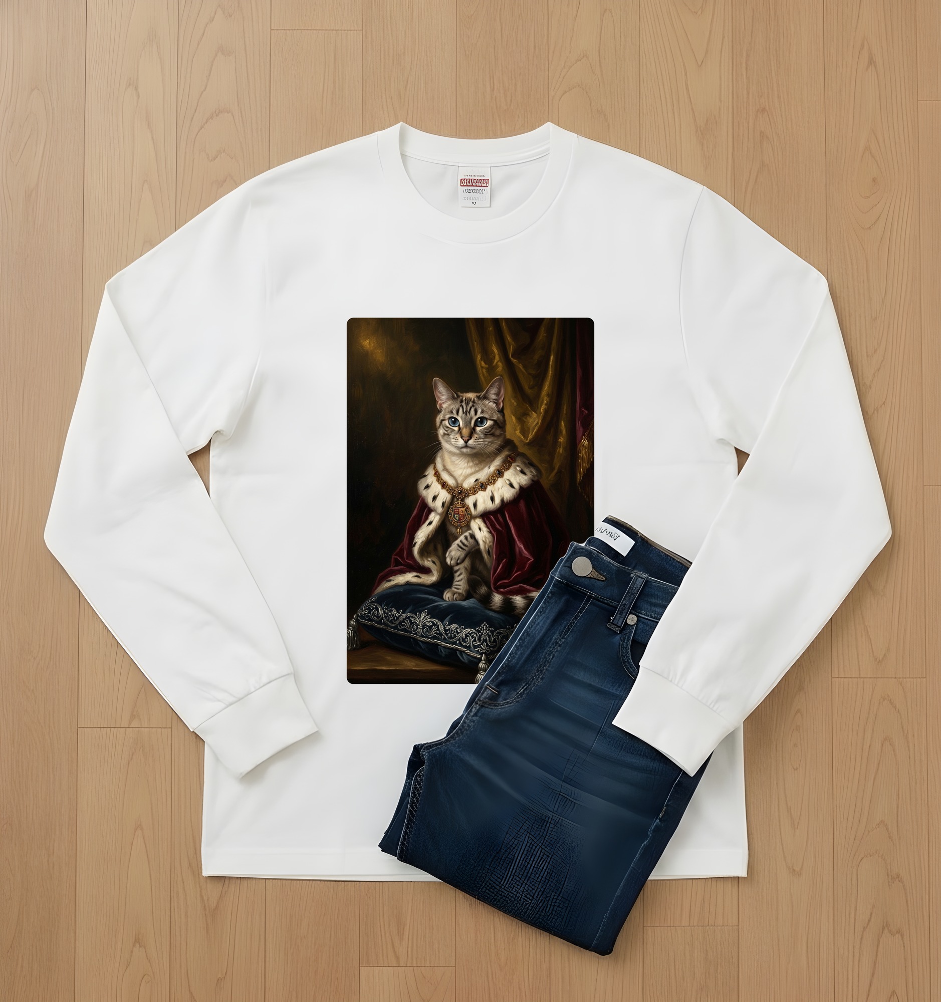 猫のルネサンス肖像画長袖Tシャツ（ホワイト）（2枚目）