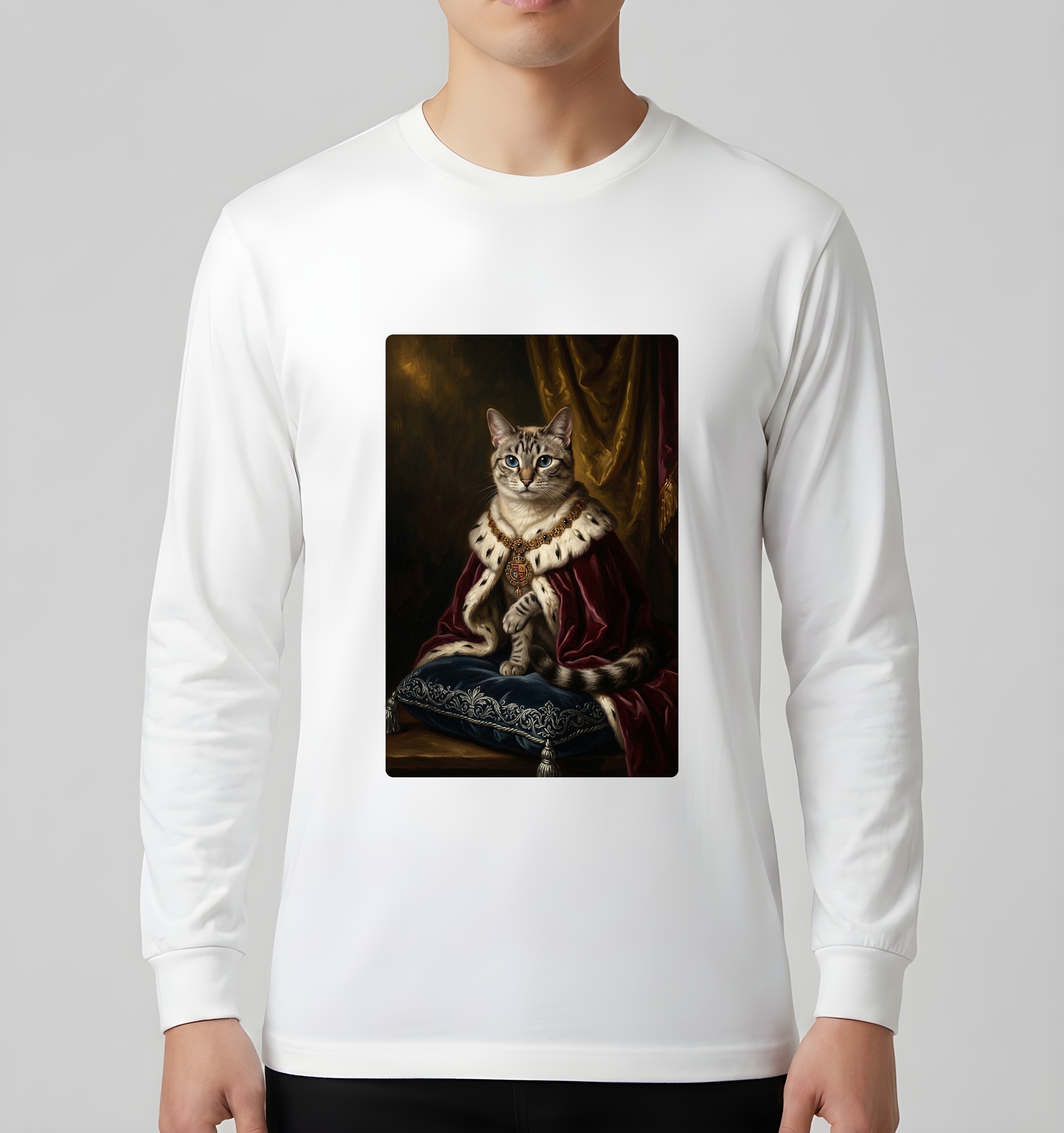 猫のルネサンス肖像画長袖Tシャツ（ホワイト）（3枚目）