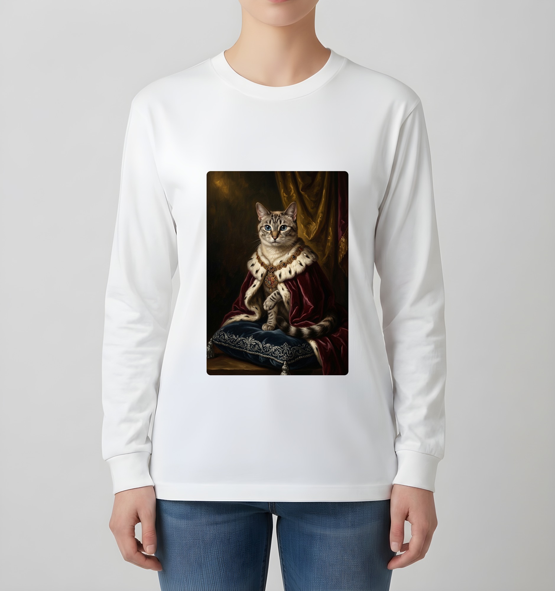 猫のルネサンス肖像画長袖Tシャツ（ホワイト）（4枚目）