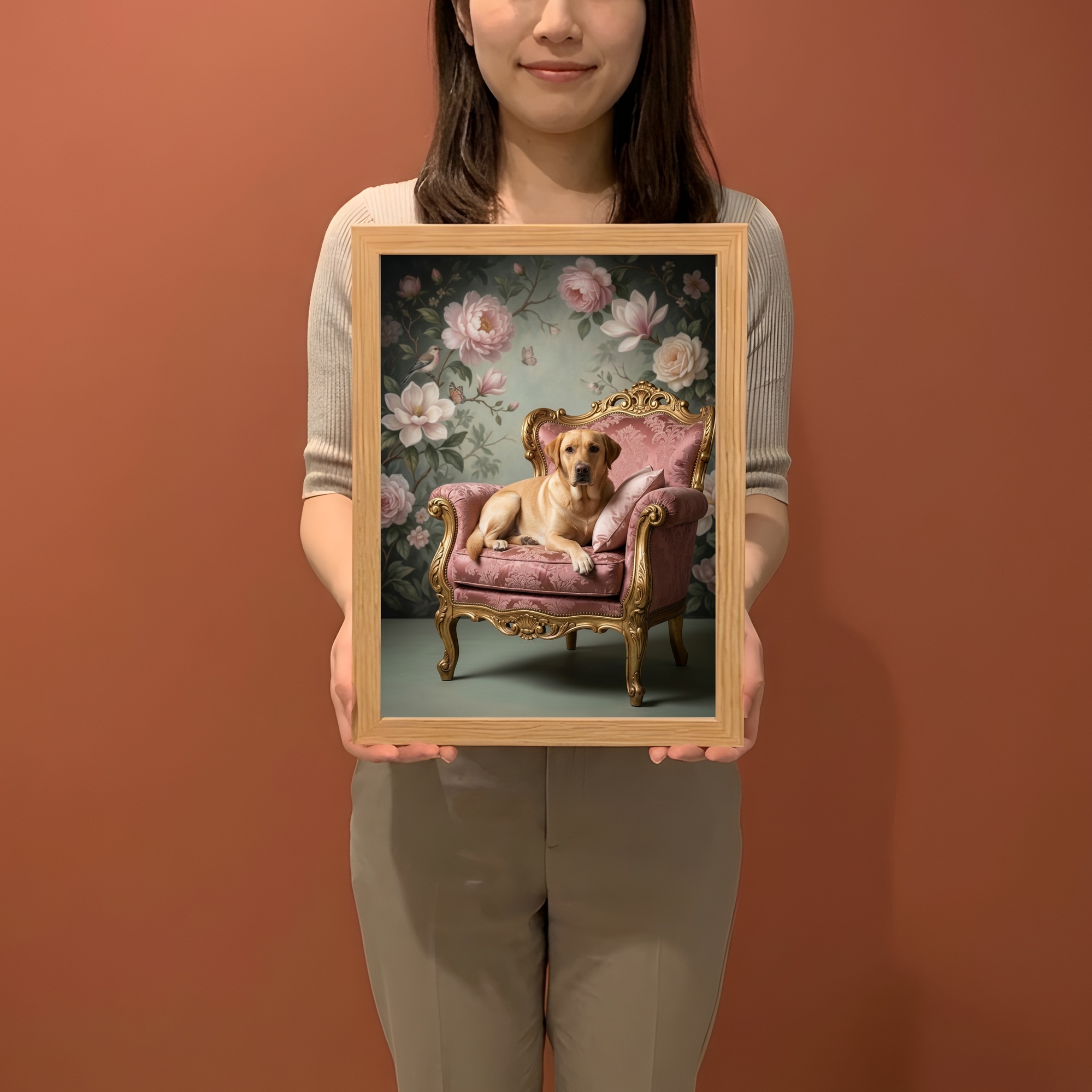 ラブラドールレトリバーのシャビーピンクの油絵風アートロココ調額装プリント(A4サイズ)(2枚目)