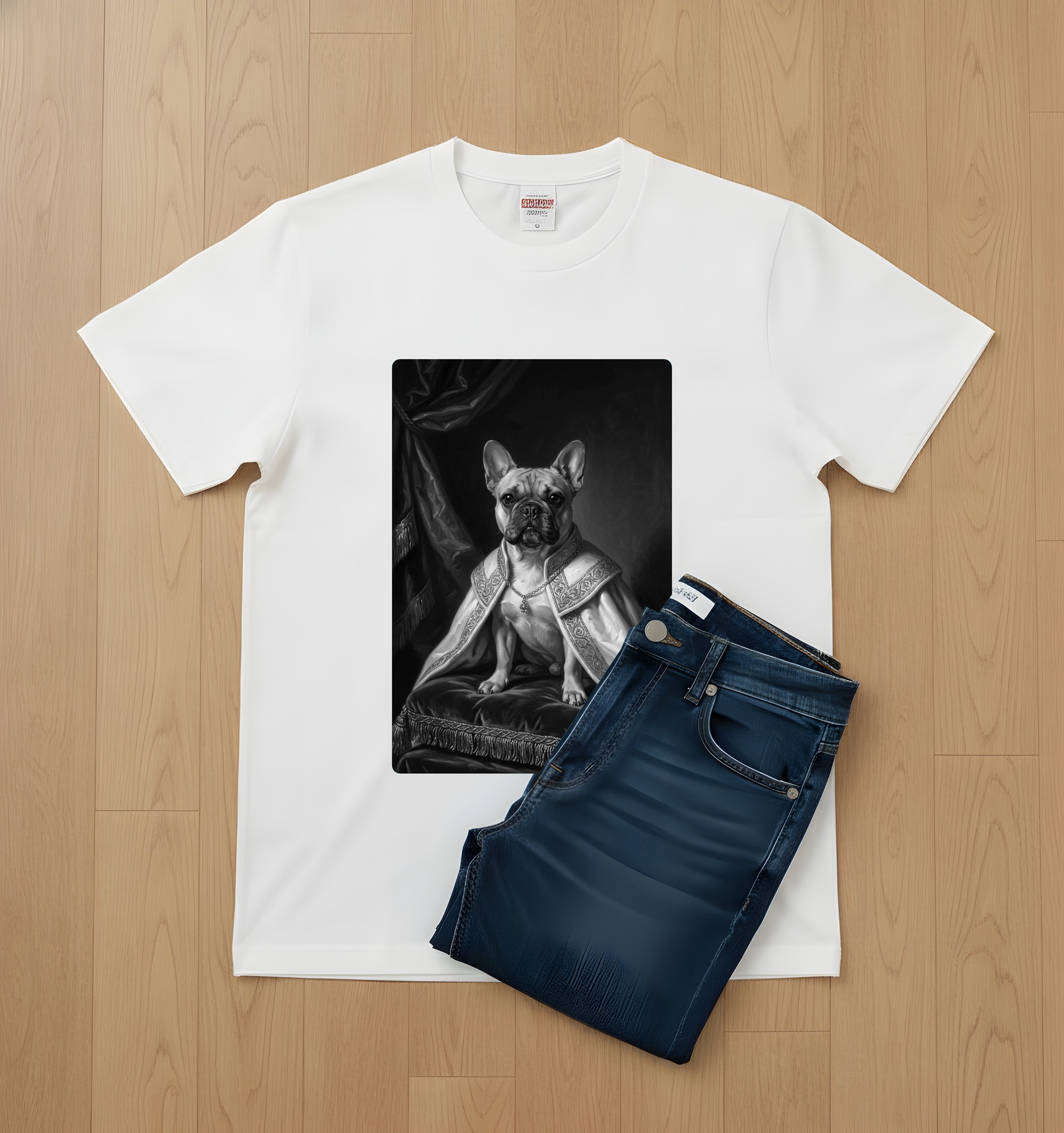 フレンチブルドッグのルネサンス肖像画Tシャツ（ホワイト・モノクロプリント・額縁なし）（2枚目）