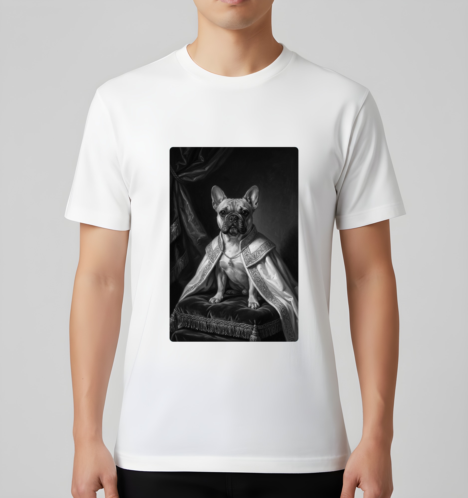 フレンチブルドッグのルネサンス肖像画Tシャツ（ホワイト・モノクロプリント・額縁なし）（3枚目）