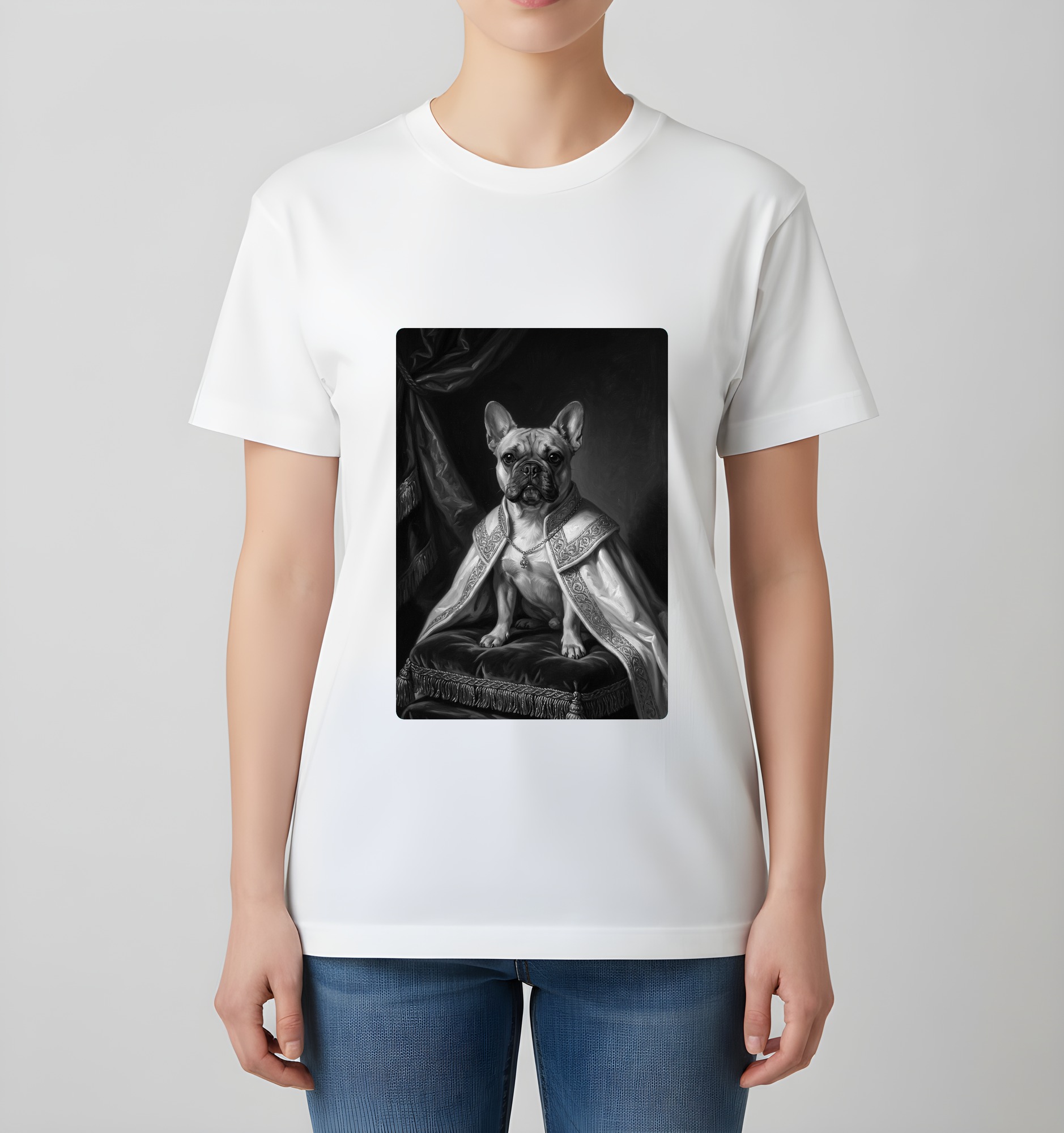 フレンチブルドッグのルネサンス肖像画Tシャツ（ホワイト・モノクロプリント・額縁なし）（4枚目）