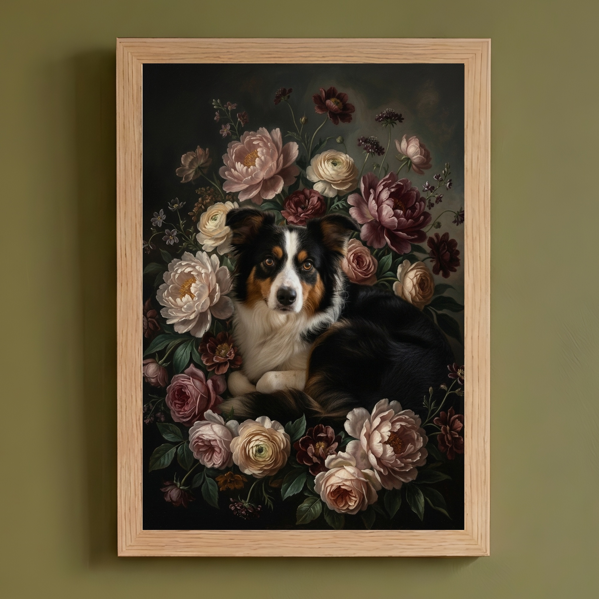 ボーダーコリーの花の油絵風アート花柄額装プリント(A4サイズ)