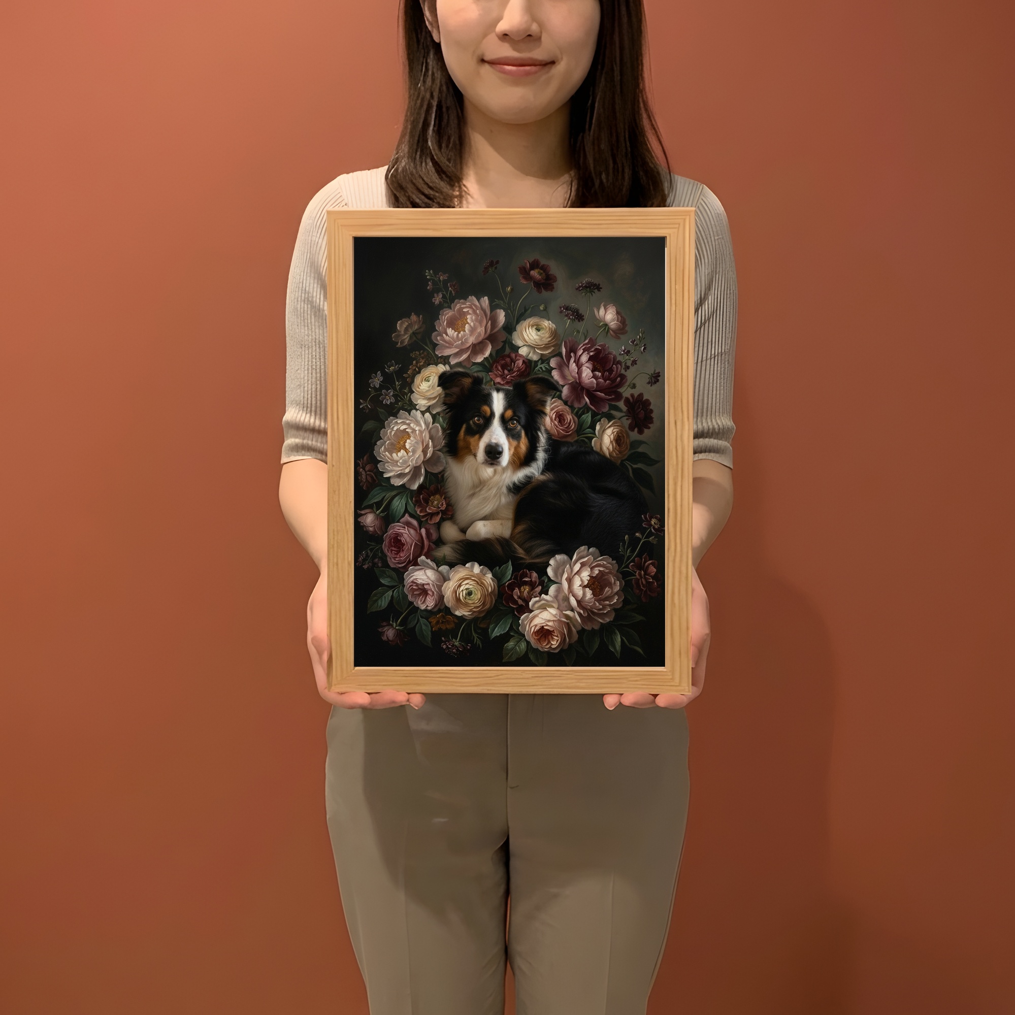ボーダーコリーの花の油絵風アート花柄額装プリント(A4サイズ)(2枚目)