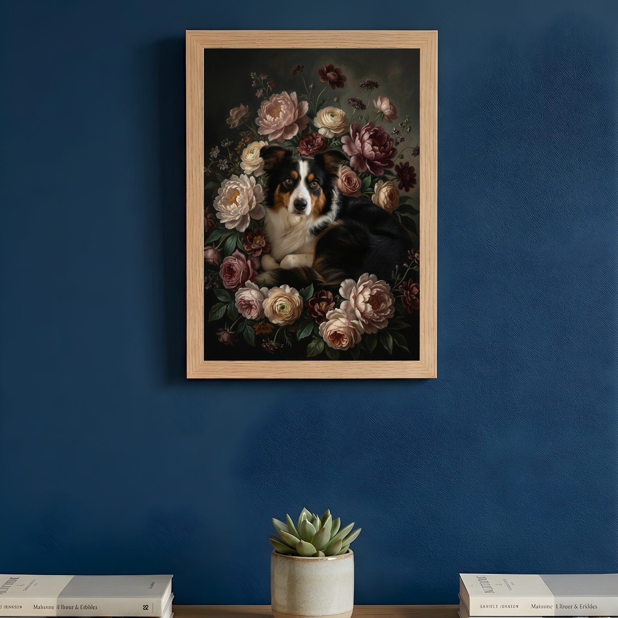 ボーダーコリーの花の油絵風アート花柄額装プリント(A4サイズ)(3枚目)