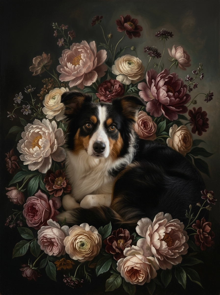 ボーダーコリーの花の油絵風アート花柄額装プリント(A4サイズ)(4枚目)