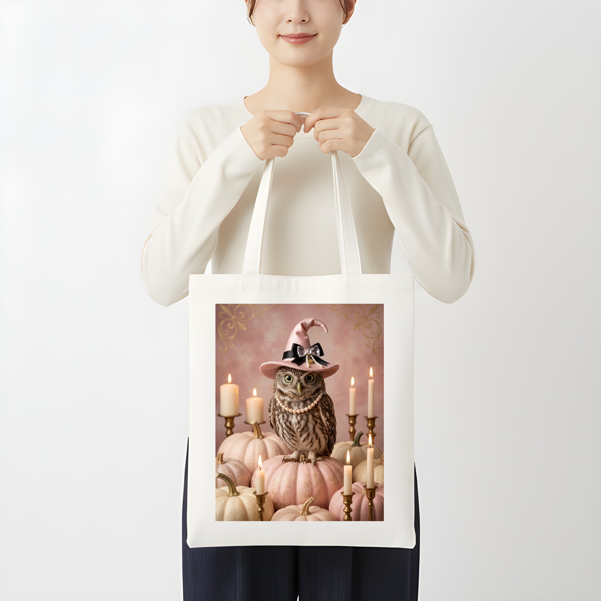 コノハズクのかぼちゃとキャンドルの油絵風アートハロウィントートバッグ（3枚目）