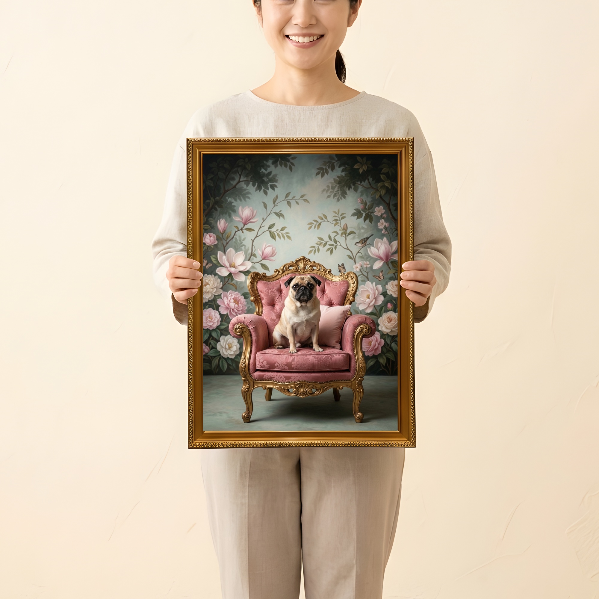 パグのシャビーピンクの油絵風アートロココ調額装プリント(A3サイズ)(2枚目)